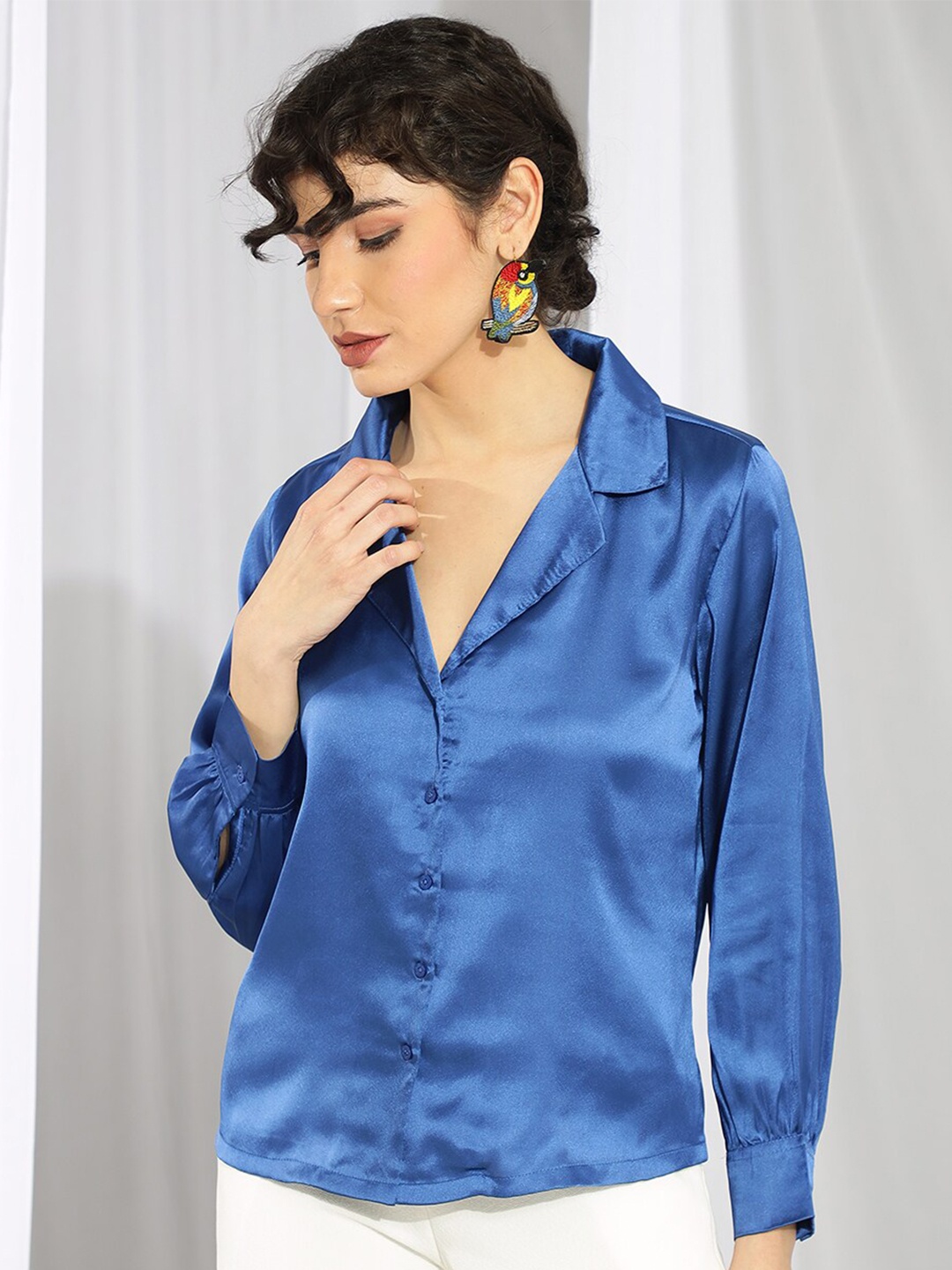

KOTTY BIZwear Blue Relaxed Cuban Collar Satin Casual Shirt