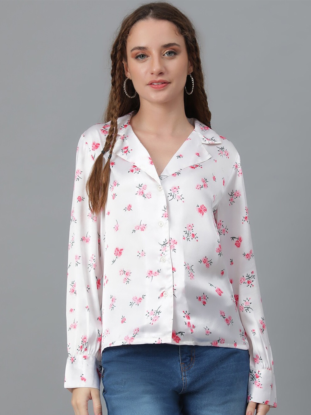 

Kotty White & Pink Relaxed Floral Printed Cuban Collar Satin Casual Shirt