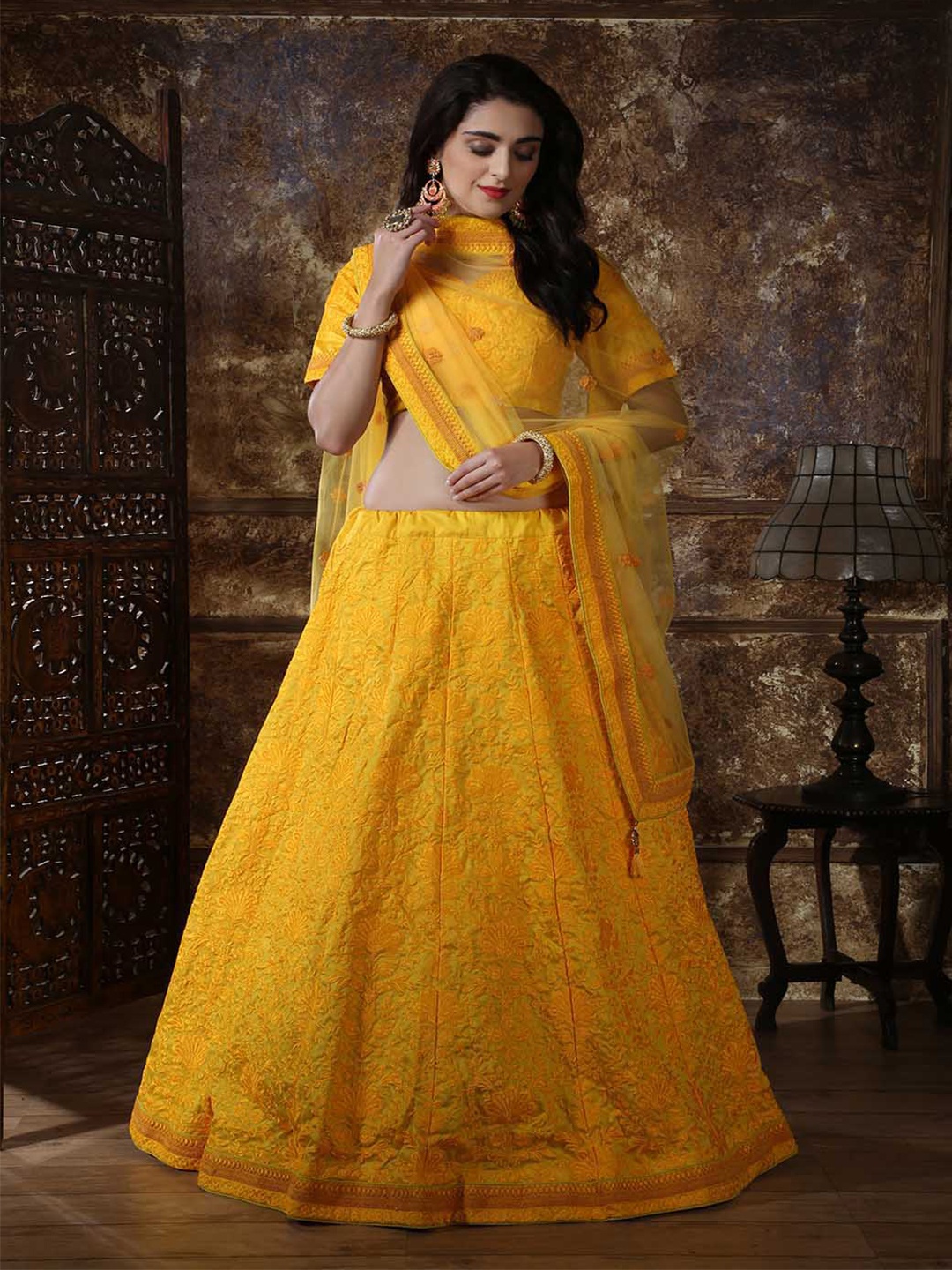 

SHUBHKALA Embroidered Semi-Stitched Lehenga & Unstitched Blouse With Dupatta, Yellow