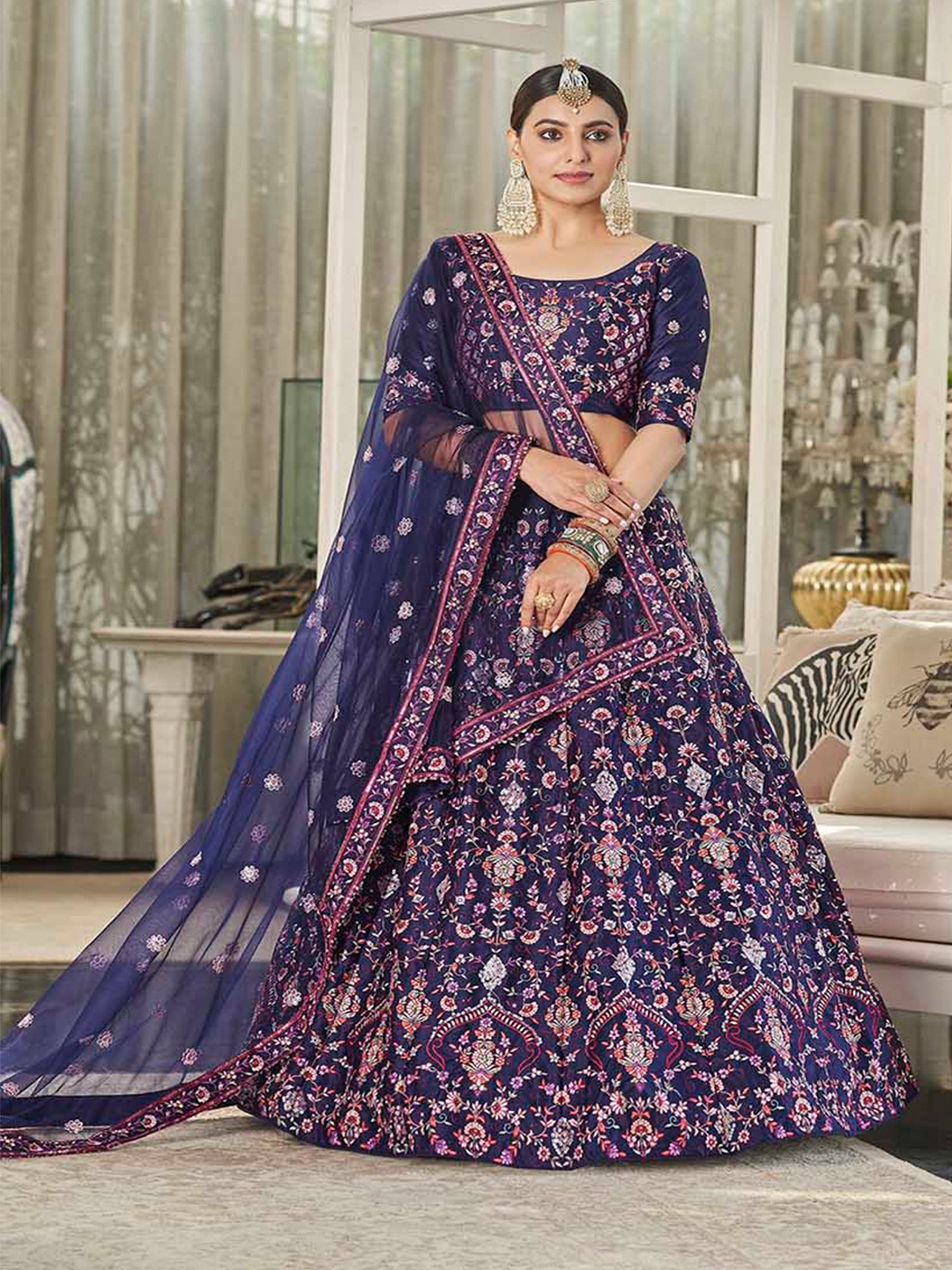 

SHUBHKALA Embroidered Semi-Stitched Lehenga & Unstitched Blouse With Dupatta, Navy blue