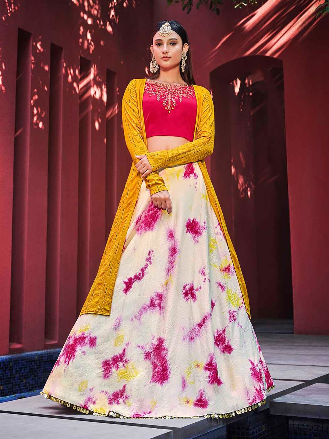 

SHUBHKALA Abstract Printed Thread Work Semi-Stitched Lehenga Choli & Shrug, Pink