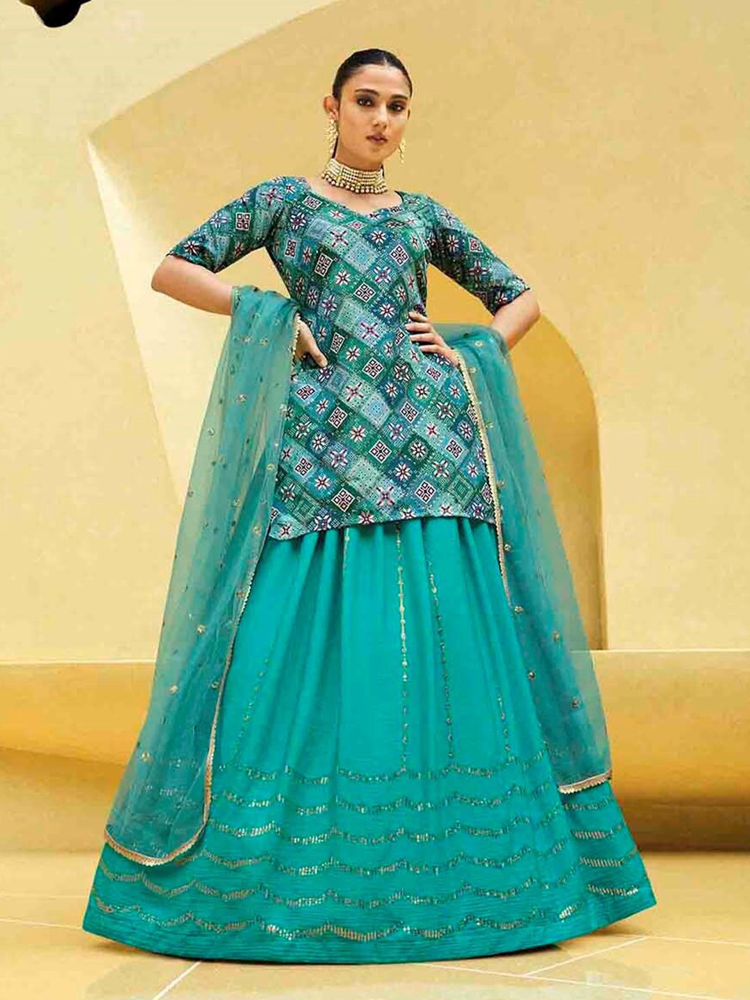 

SHUBHKALA Printed Ready to Wear Lehenga & Blouse With Dupatta, Turquoise blue