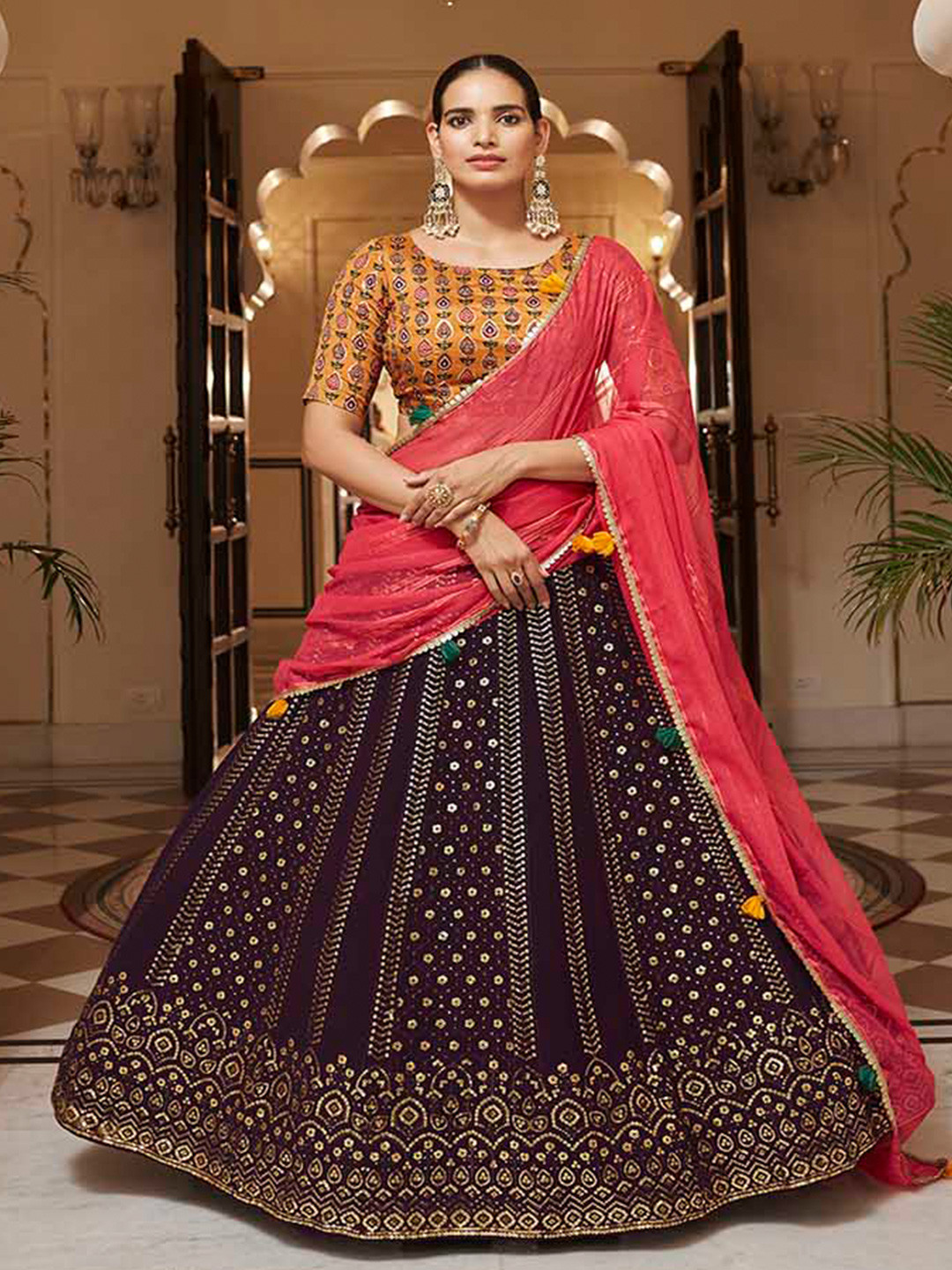 

SHUBHKALA Ethnic Motifs Printed Semi-Stitched Lehenga & Unstitched Blouse With Dupatta, Purple