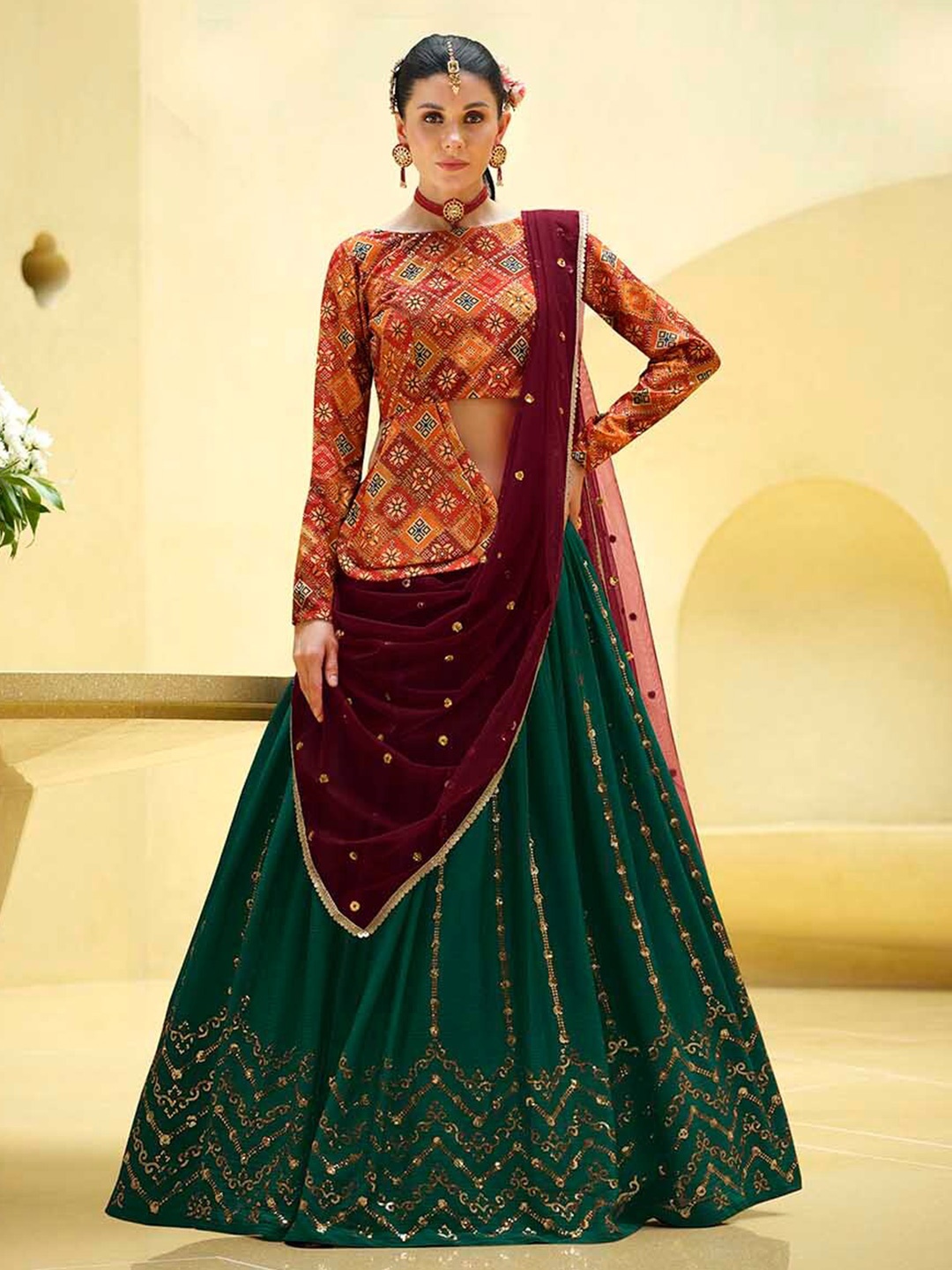 

SHUBHKALA Printed Ready to Wear Lehenga & Blouse With Dupatta, Green
