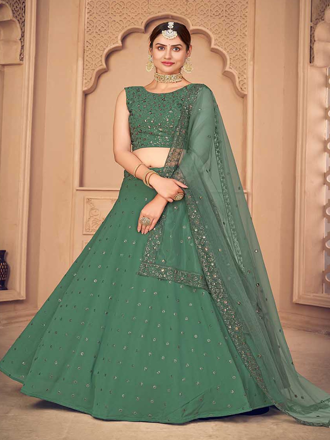 

SHUBHKALA Embroidered Semi-Stitched Lehenga & Unstitched Blouse With Dupatta, Green