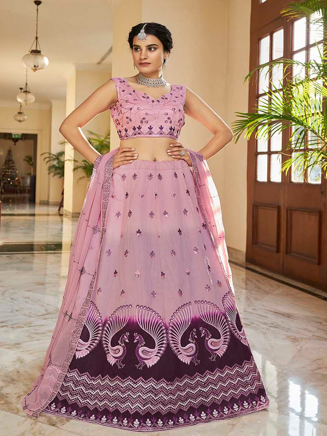 

SHUBHKALA Embroidered Sequinned Art Silk Lehenga & Unstitched Blouse With Dupatta, Pink