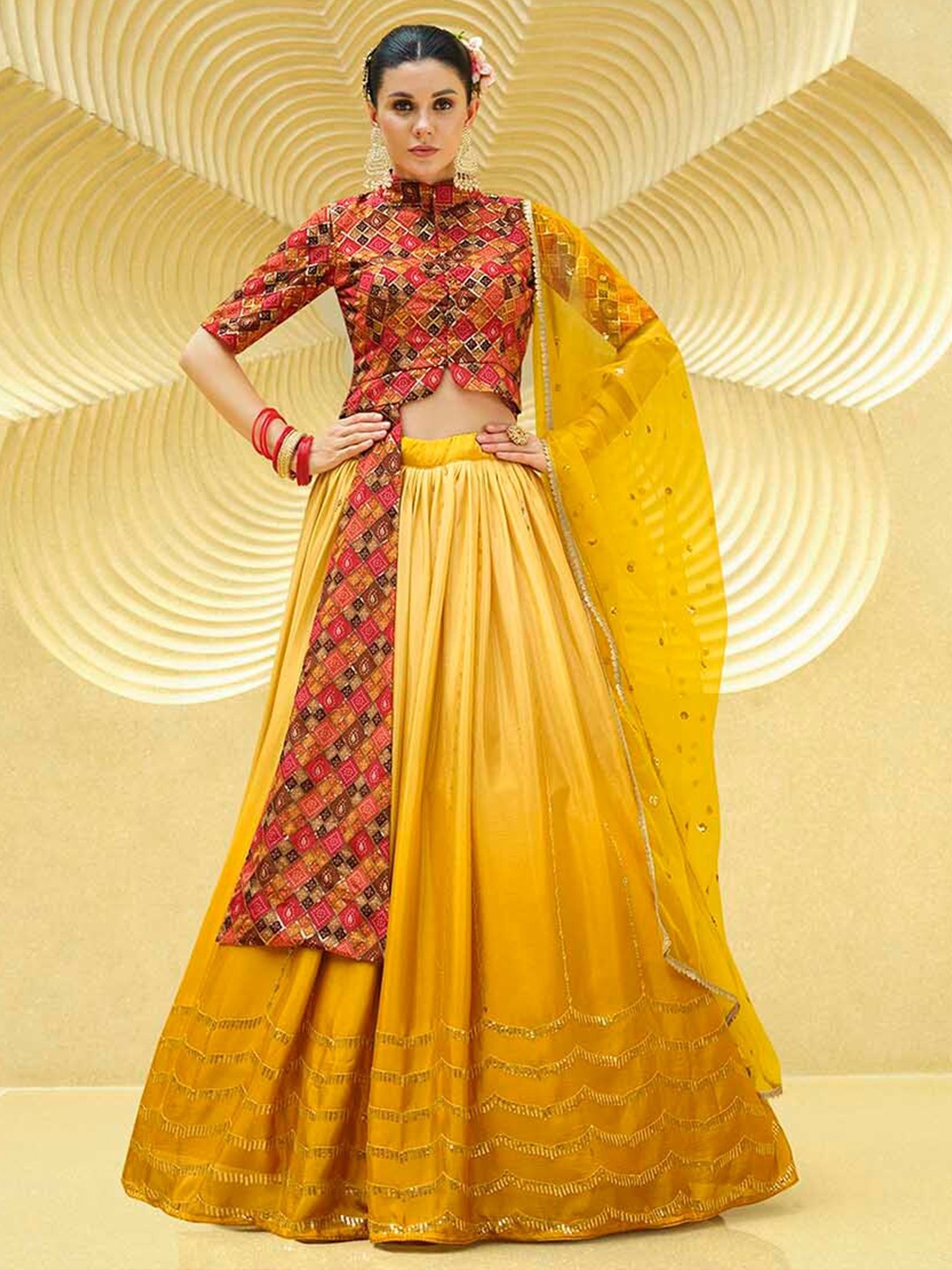 

SHUBHKALA Geometric Printed Ready to Wear Lehenga & Blouse With Dupatta, Yellow