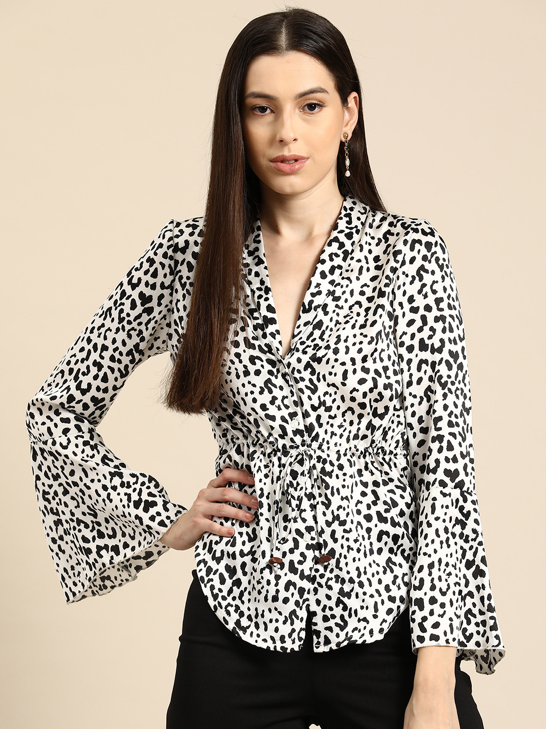

DODO & MOA Animal Print Flared Sleeve Shirt Style Top, White