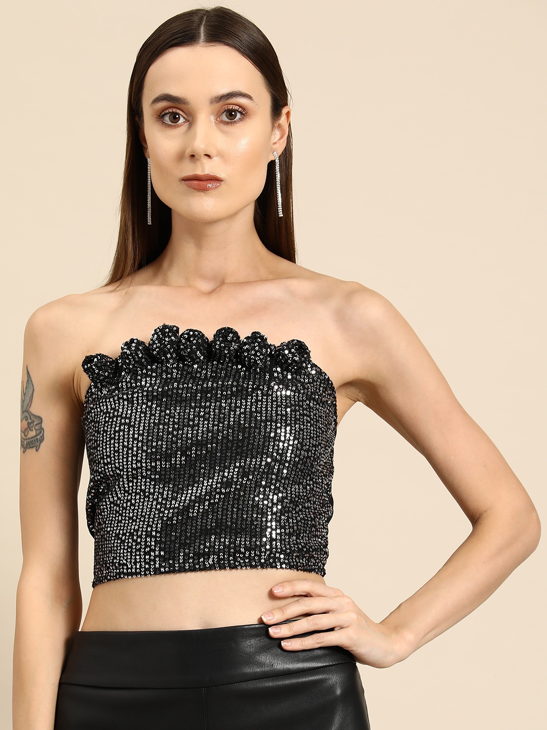 

DODO & MOA Embellished Smocked Tube Crop Top, Black