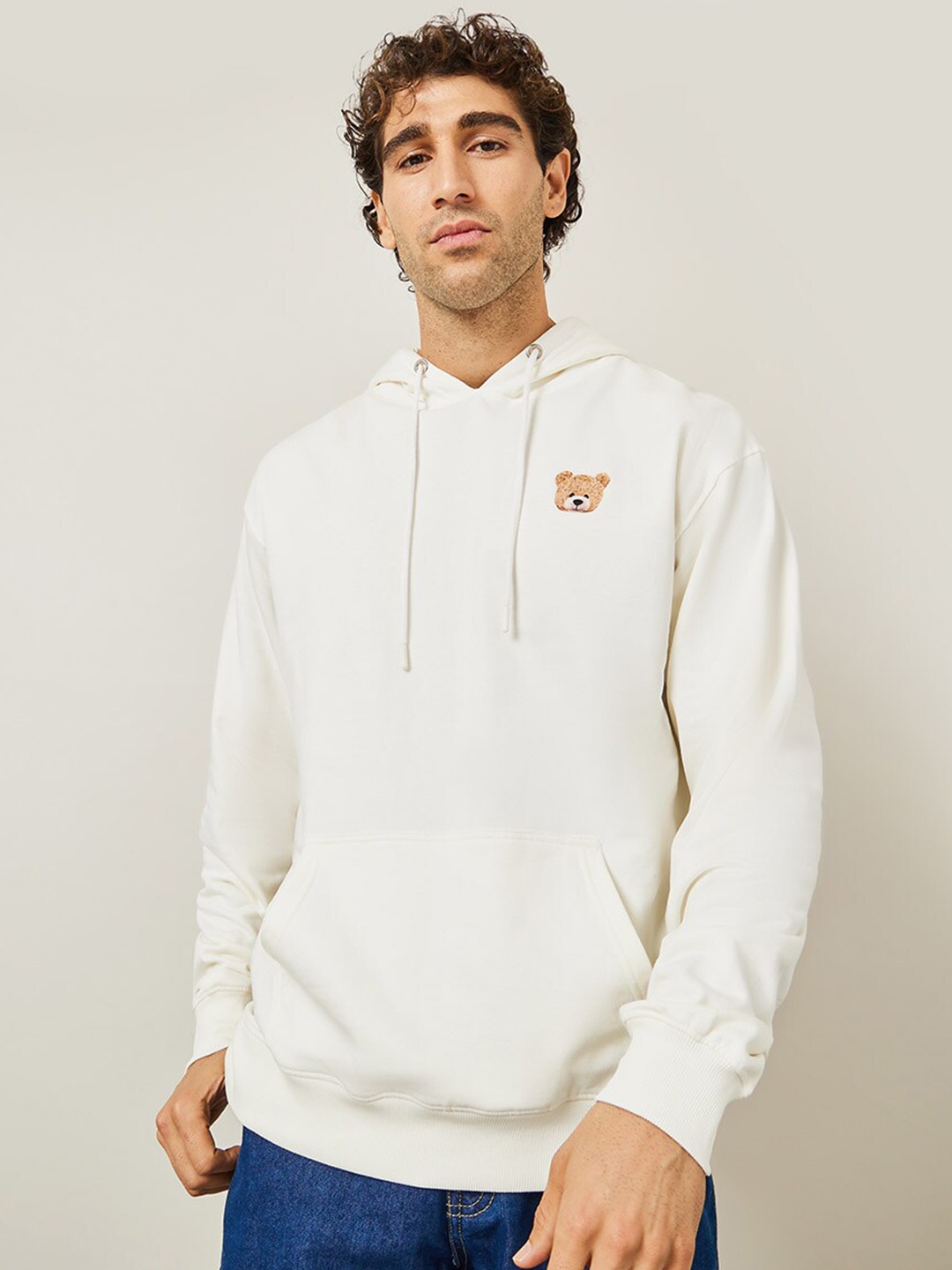 

Styli Cream-Coloured Hooded Long Sleeves Cotton Pullover Relaxed Fit Sweatshirt