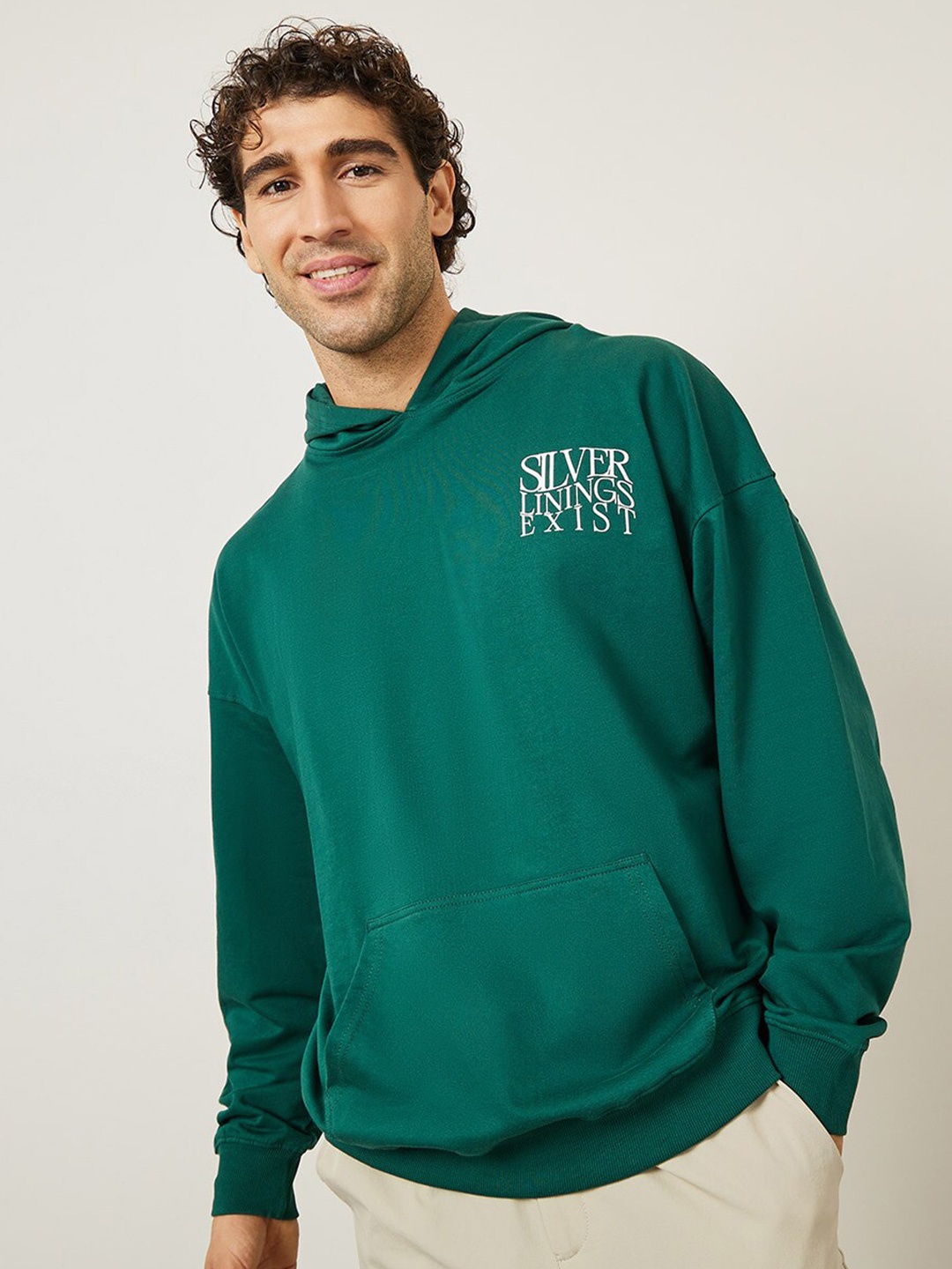 

Styli Green Typography Printed Hooded Long Sleeves Cotton Pullover Oversized Sweatshirt