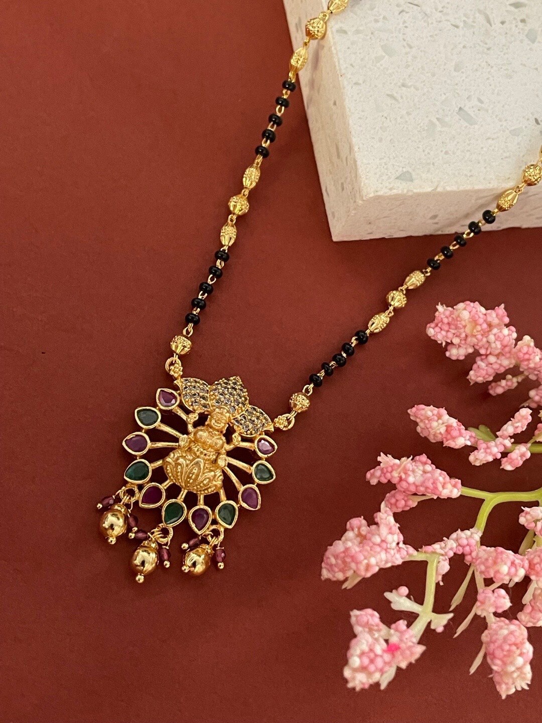 

Digital Dress Room Gold-Plated AD-Studded & Beaded Temple Mangalsutra