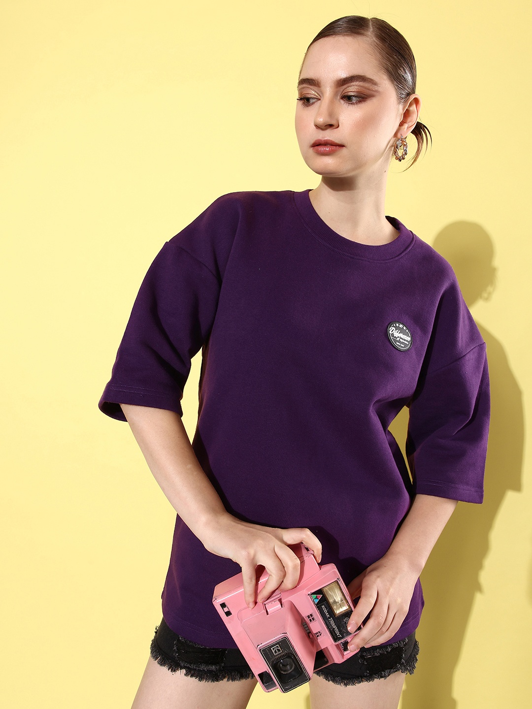 

Difference of Opinion Women Solid Oversized Sweatshirt, Purple
