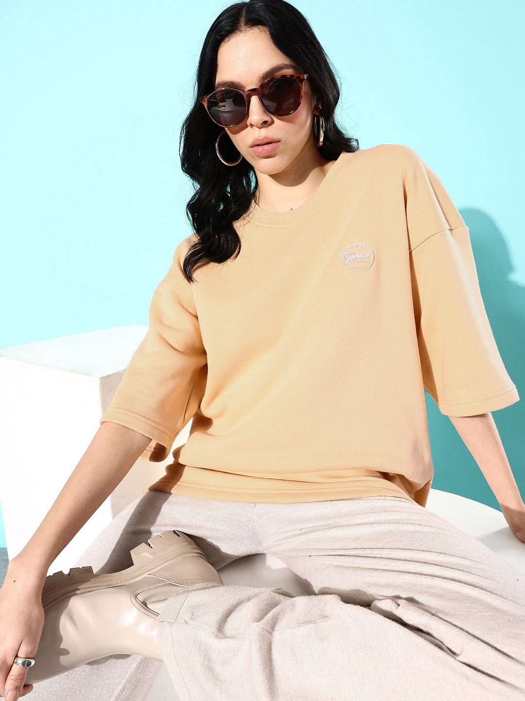 

Difference of Opinion Women Solid Sweatshirt, Beige