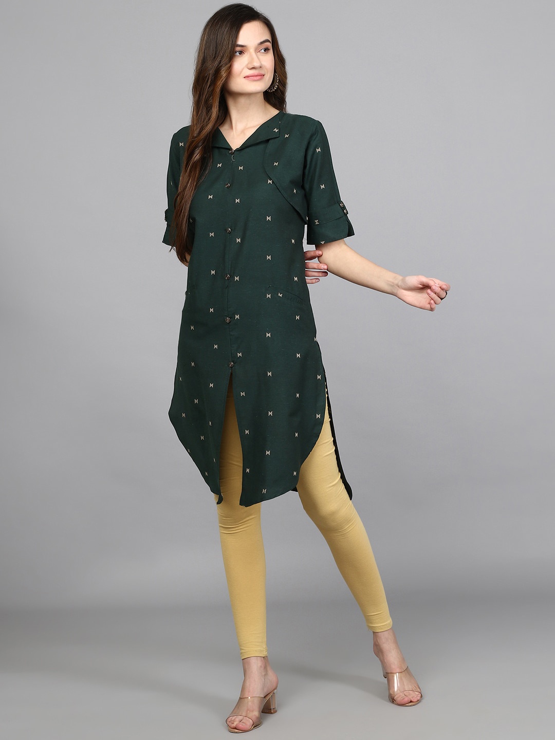 

KALINI Geometric Printed Shirt Collar Slit Sleeves Dobby Weave A-Line Kurta, Green