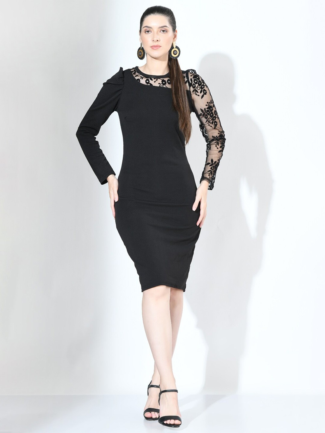 

Moshe Lace Inserts Round Neck Bodycon Dress, Black