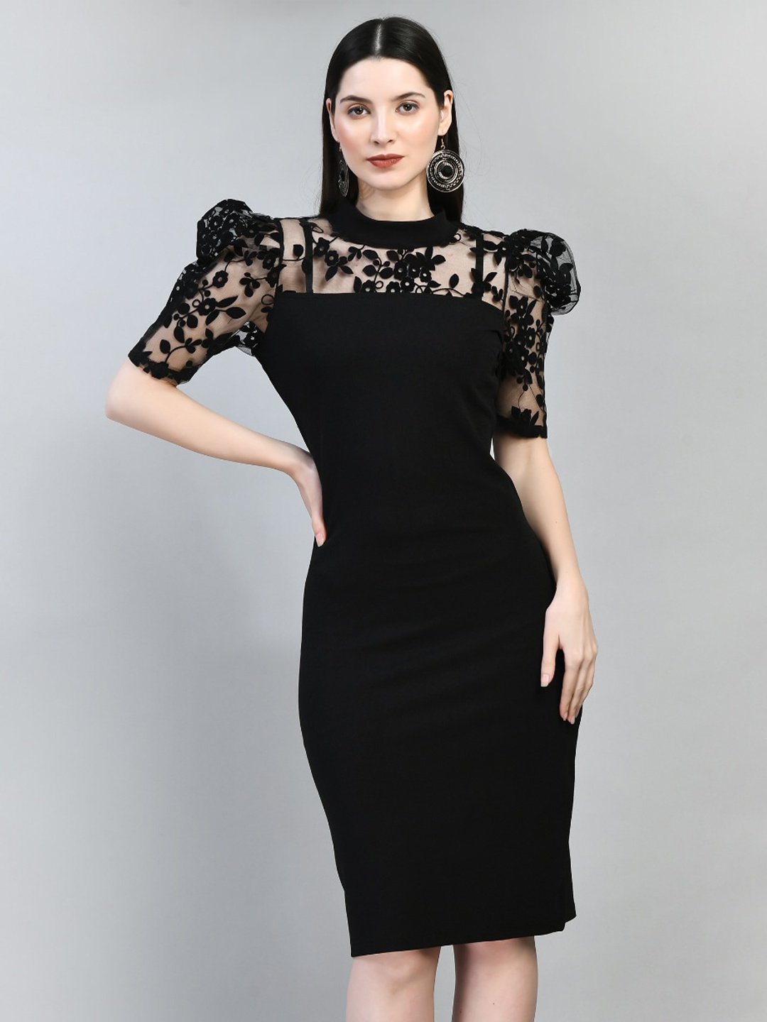 

Moshe High Neck Puff Sleeve Lace Inserts Bodycon Dress, Black