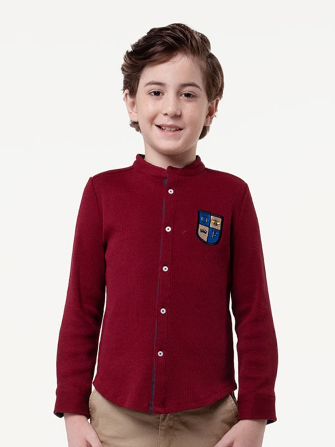 

One Friday Boys Classic Mandarin Collar Cotton Shirt, Maroon
