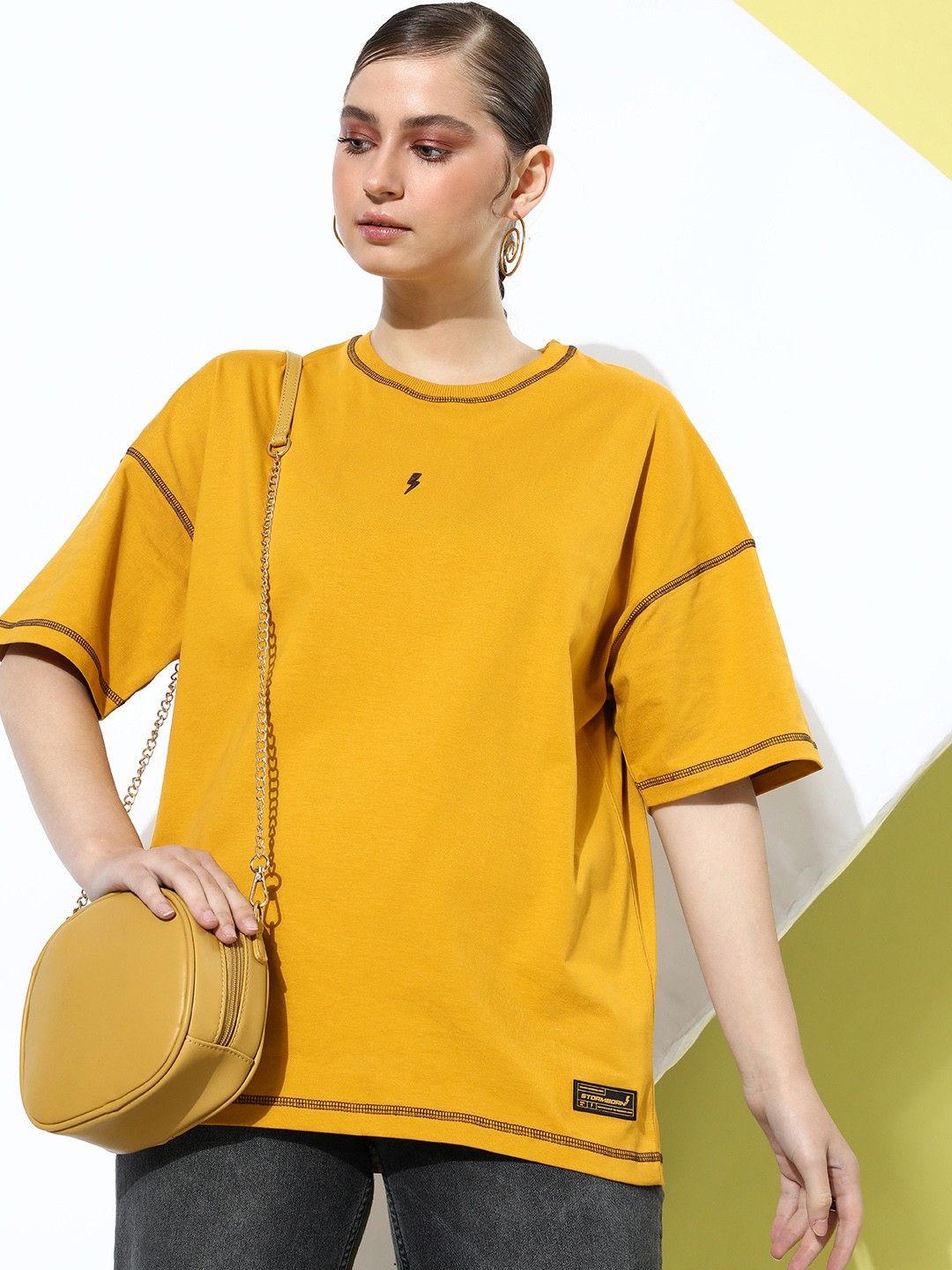 

Stormborn Women Oversized Drop-Shoulder Sleeves Pure Cotton T-shirt, Mustard