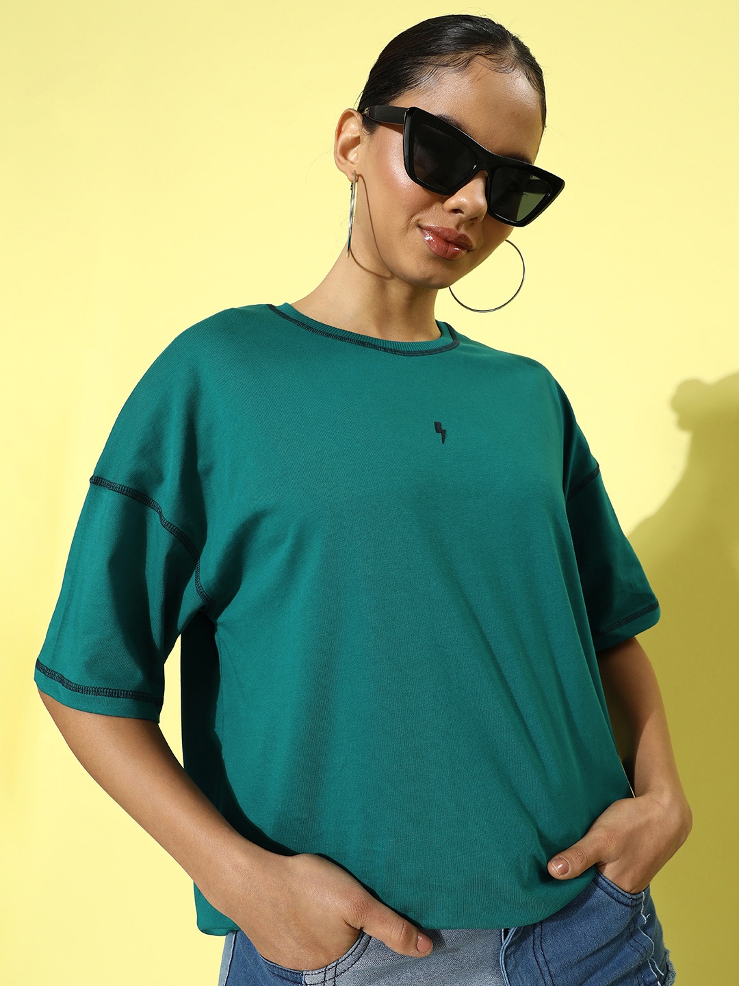 

Stormborn Women Oversized Drop-Shoulder Sleeves Pure Cotton T-shirt, Teal