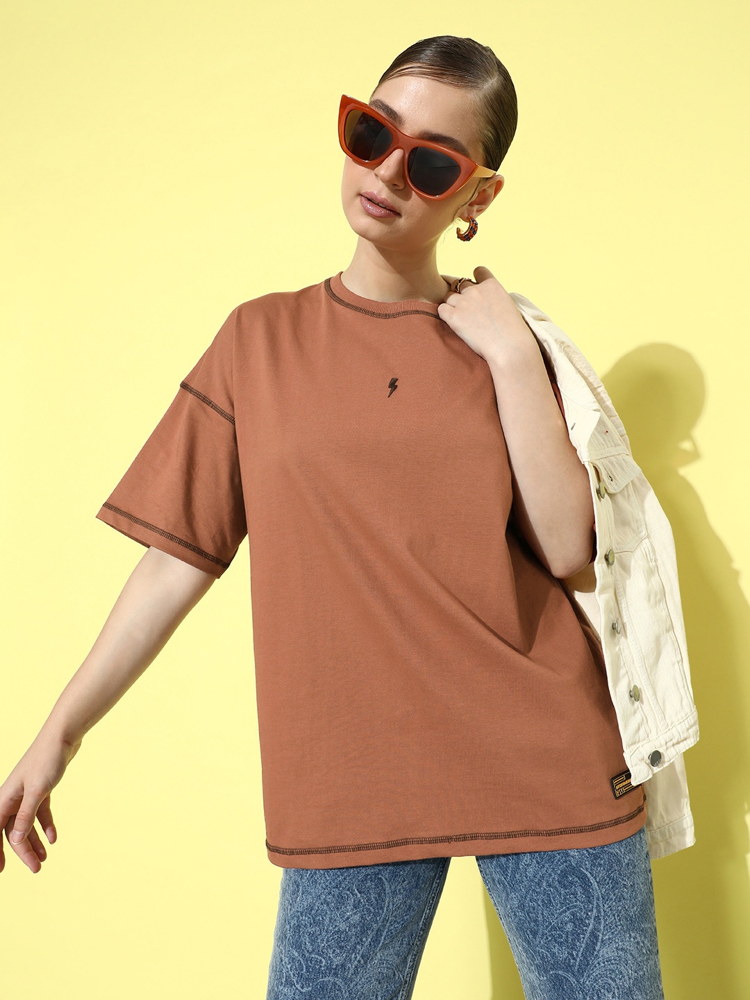 

Stormborn Women Oversized Drop-Shoulder Sleeves Pure Cotton T-shirt, Brown