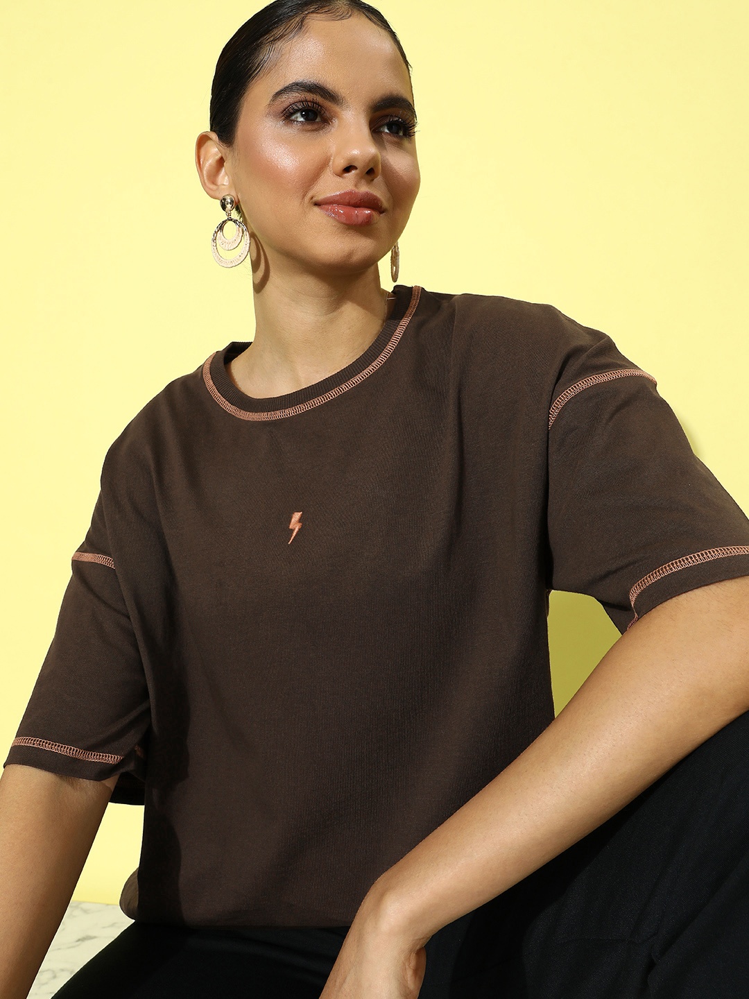 

Stormborn Women Oversized Drop-Shoulder Sleeves Pure Cotton T-shirt, Brown