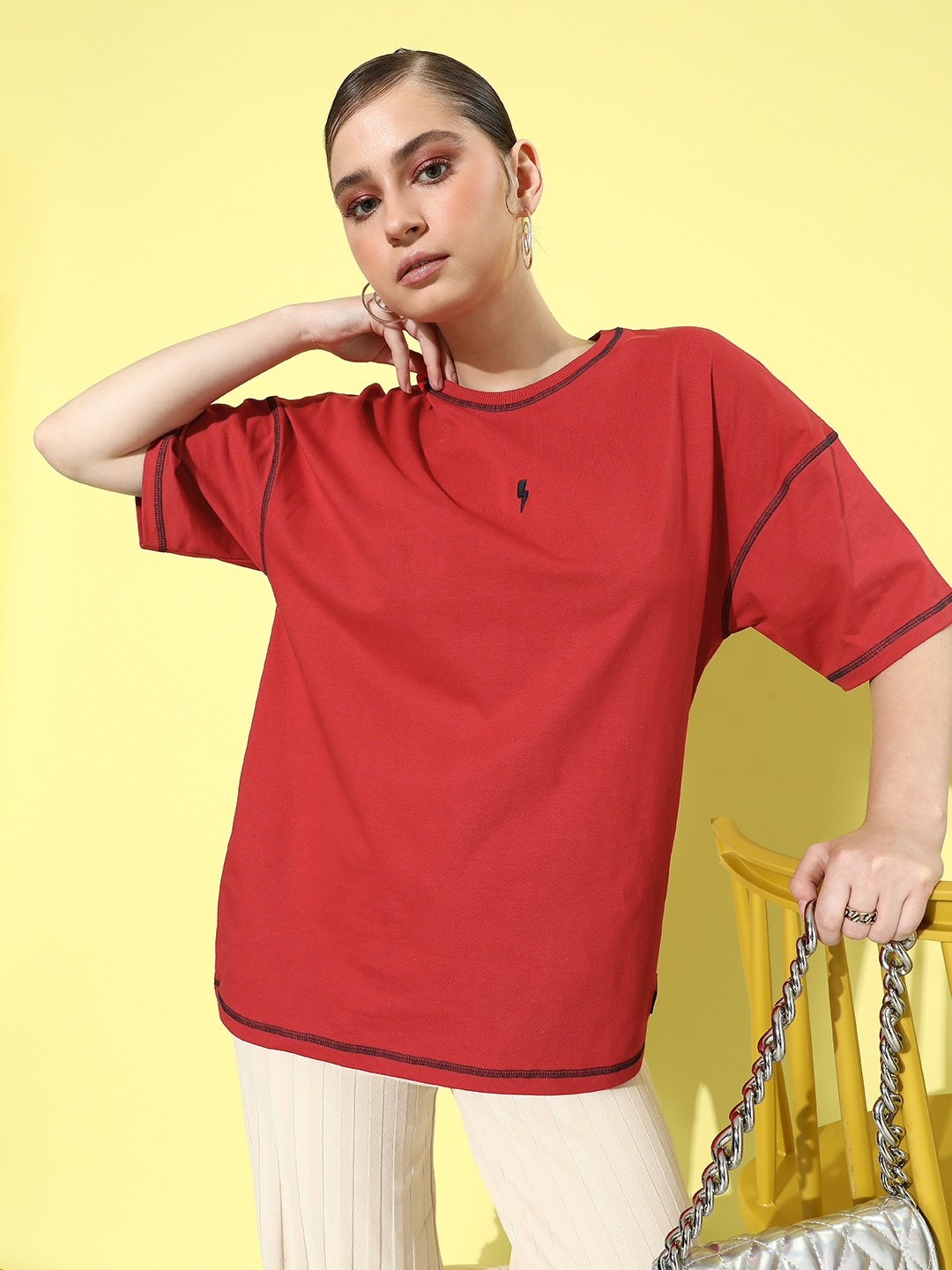 

Stormborn Women Oversized Drop-Shoulder Sleeves Pure Cotton T-shirt, Red