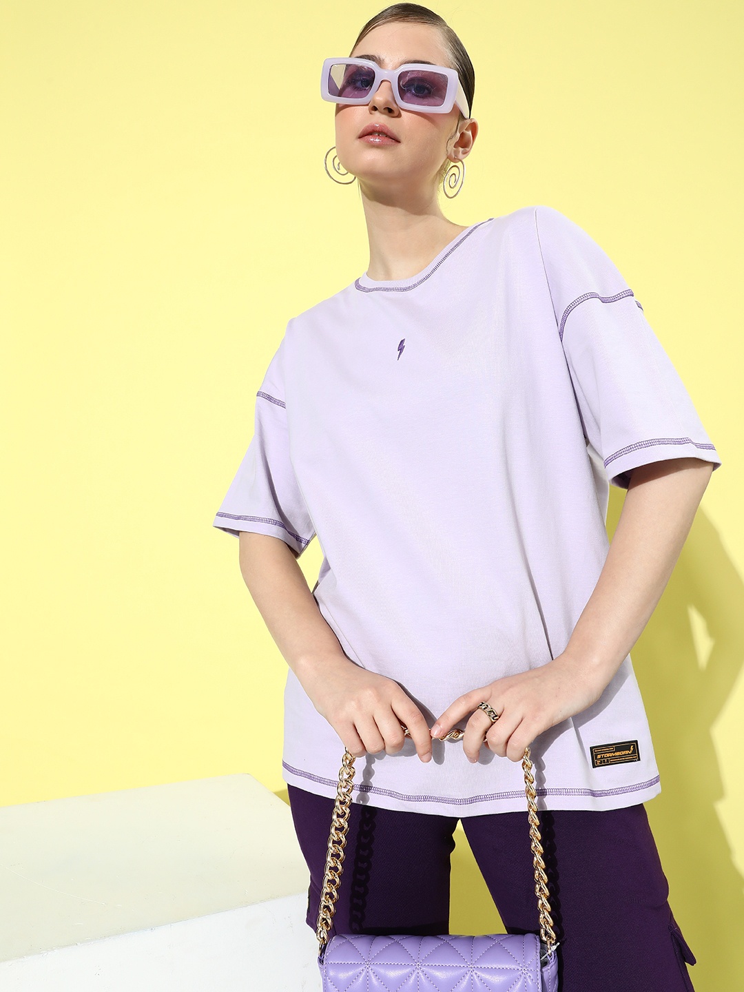 

Stormborn Women Solid Drop-Shoulder Sleeves Oversized T-shirt, Lavender