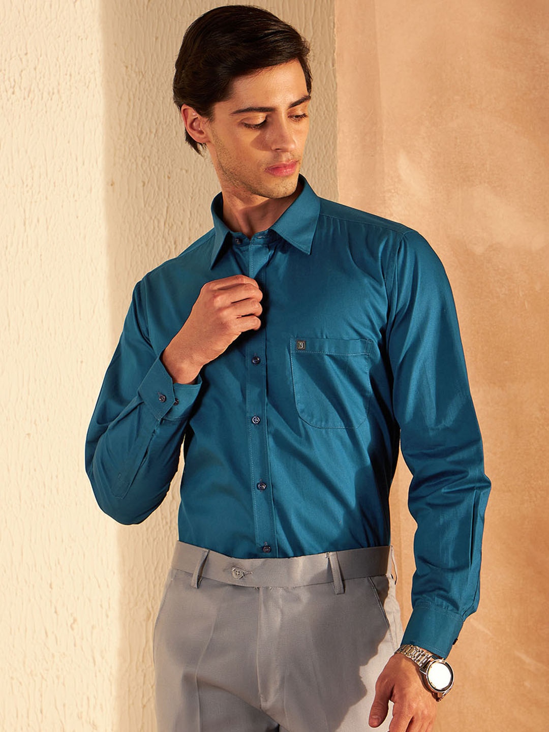 DENNISON Smart Spread Collar Cotton Casual Shirt, Turquoise blue