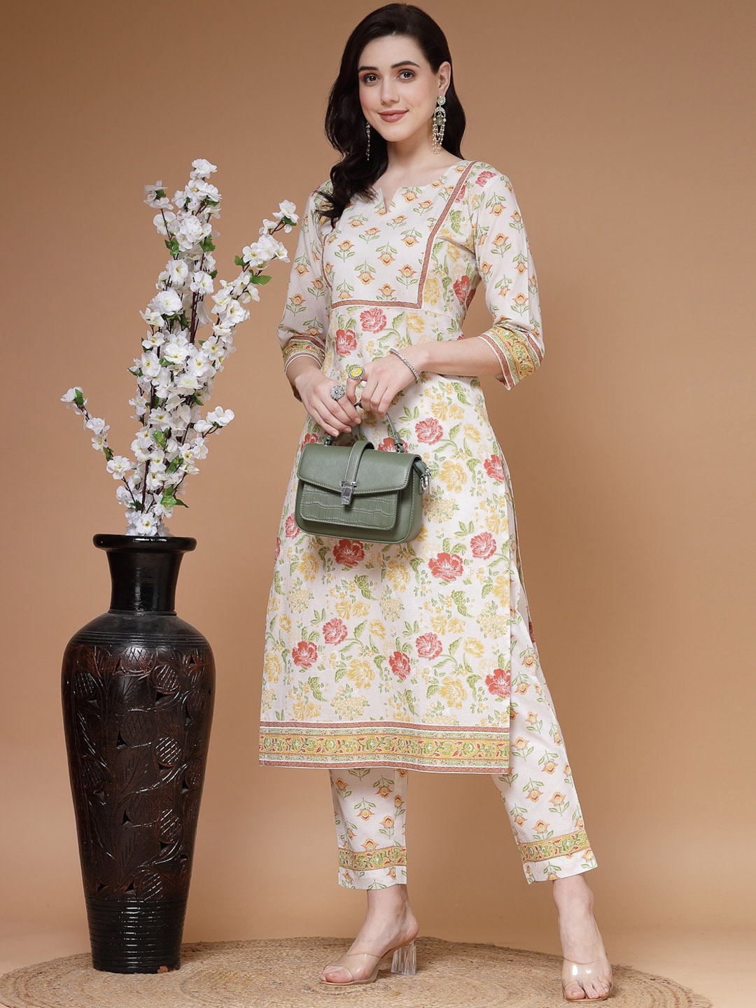 

Indibelle Floral Printed Roudn Notched Neck Thread Work Cotton Kurta, Off white