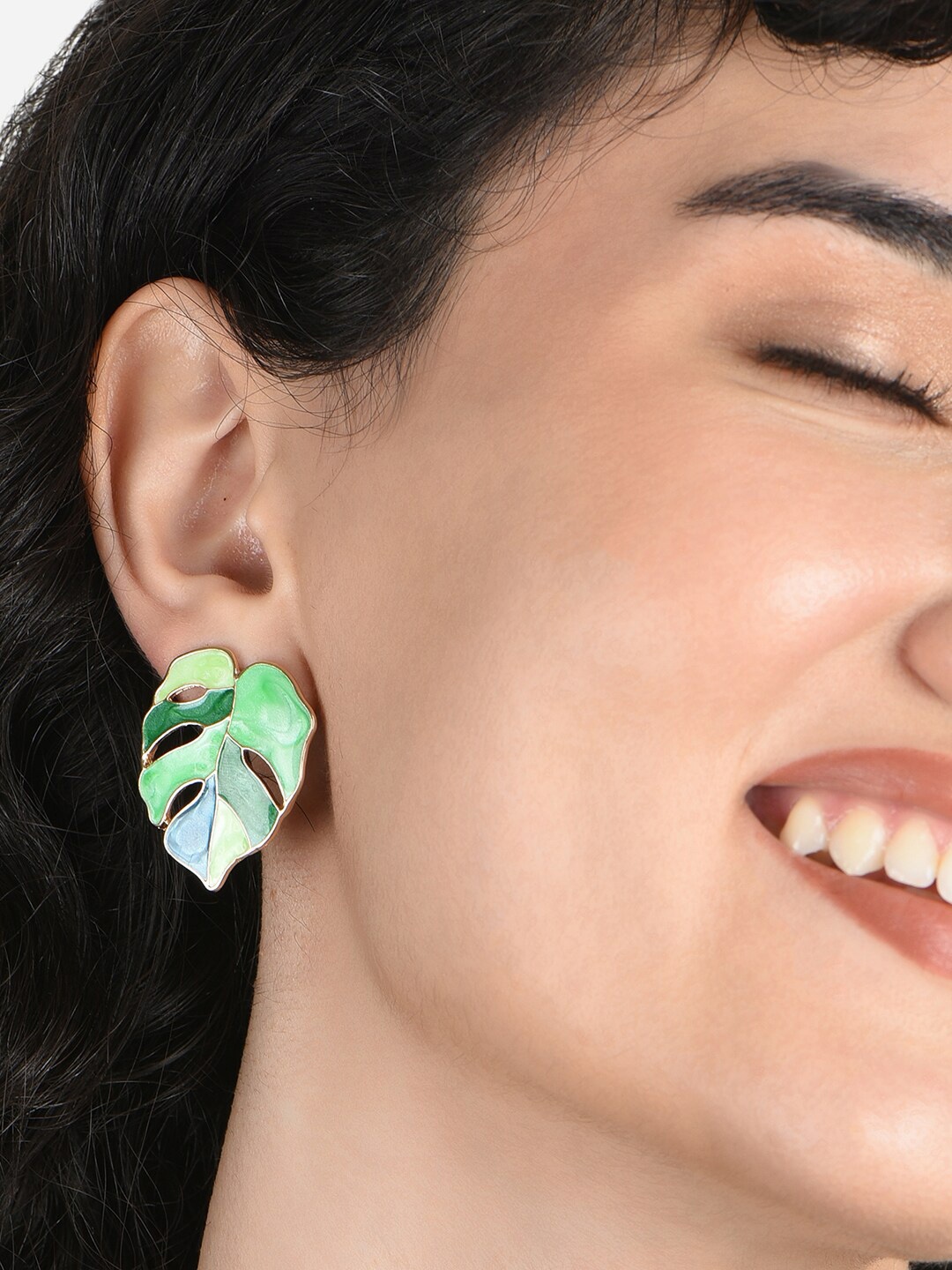 

ToniQ Gold-Plated Leaf Shaped Studs Earrings, Green