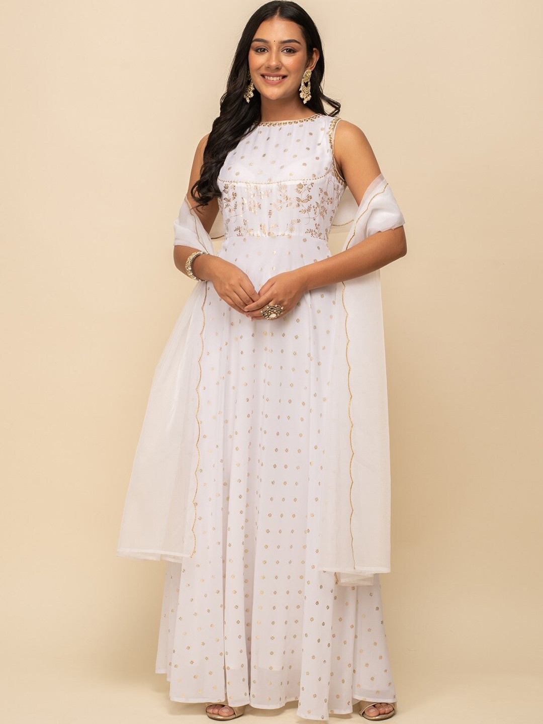 

FIORRA Floral Printed Boat Neck Fit & Flare Georgette Ethnic Dress With Dupatta, White