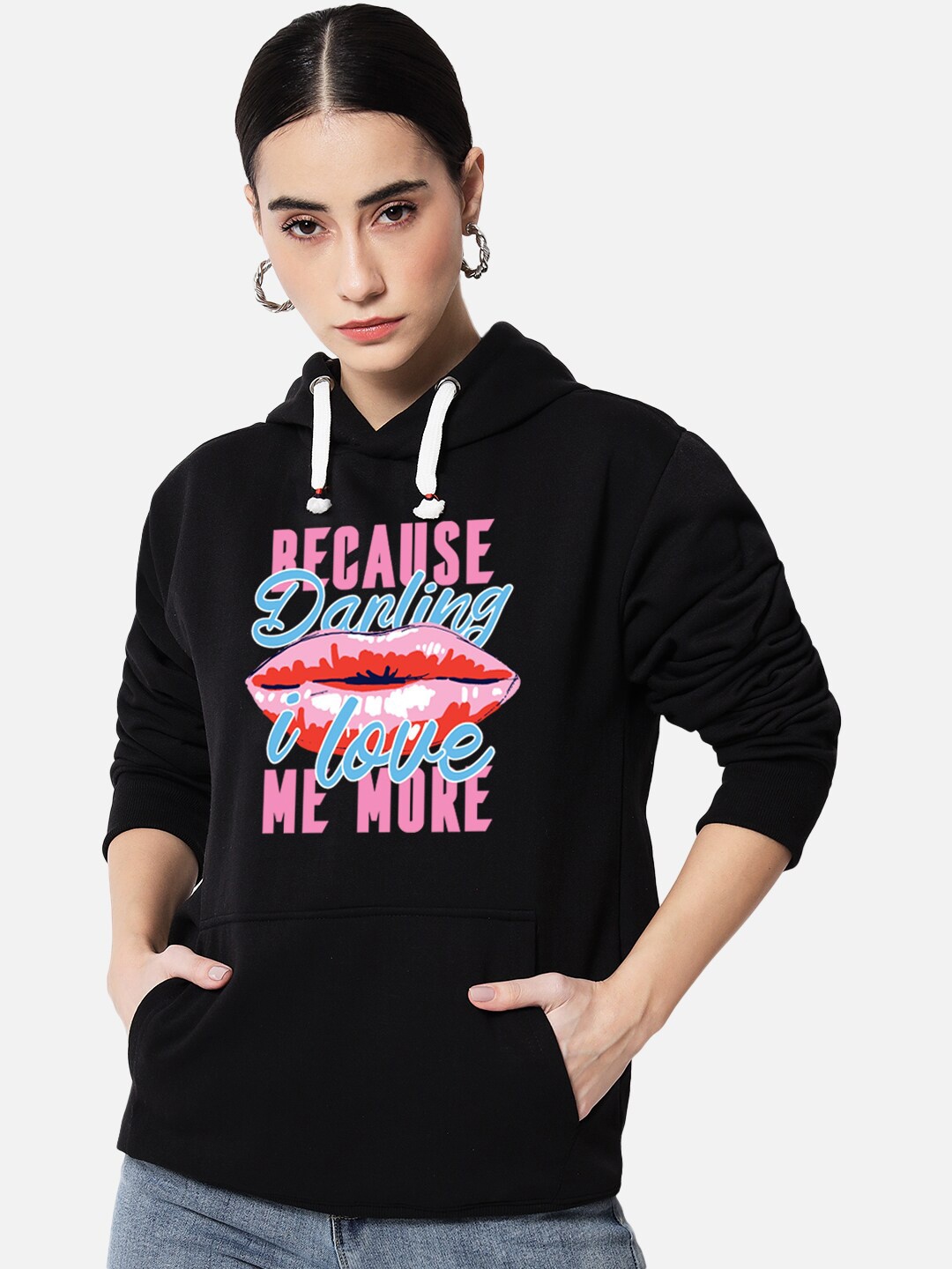 

FFLIRTYGO Typography Printed Hooded Fleece Pullover Sweatshirt, Black