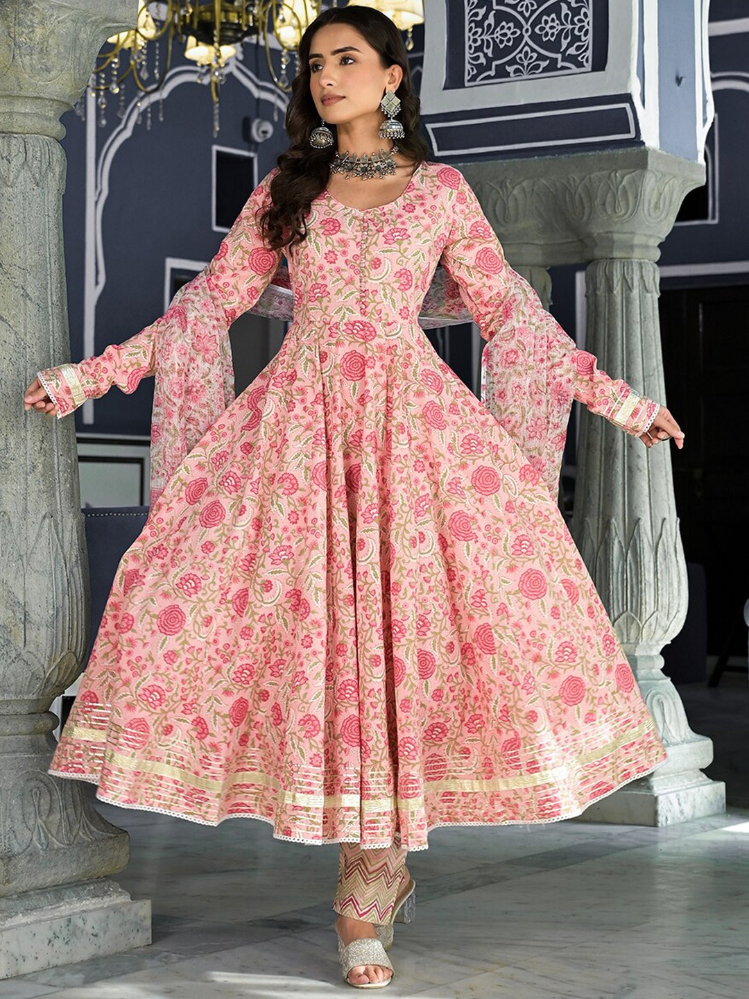 

Divena Floral Printed Chanderi Silk Anarkali Kurta With Trousers & Dupatta, Pink