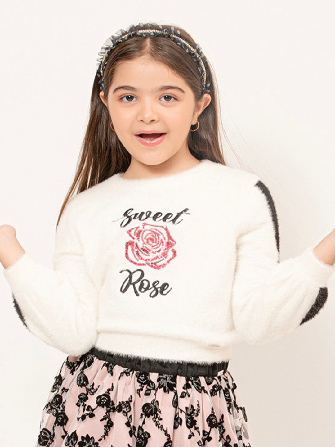 

One Friday Girls Typography Printed Pullover Sweater, Off white