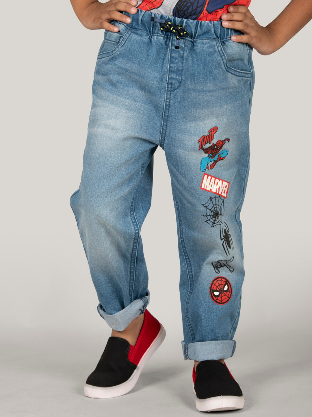 

Zalio Boys Spider-Man Printed Relaxed Fit Mildly Distressed Heavy Fade Stretchable Jeans, Blue