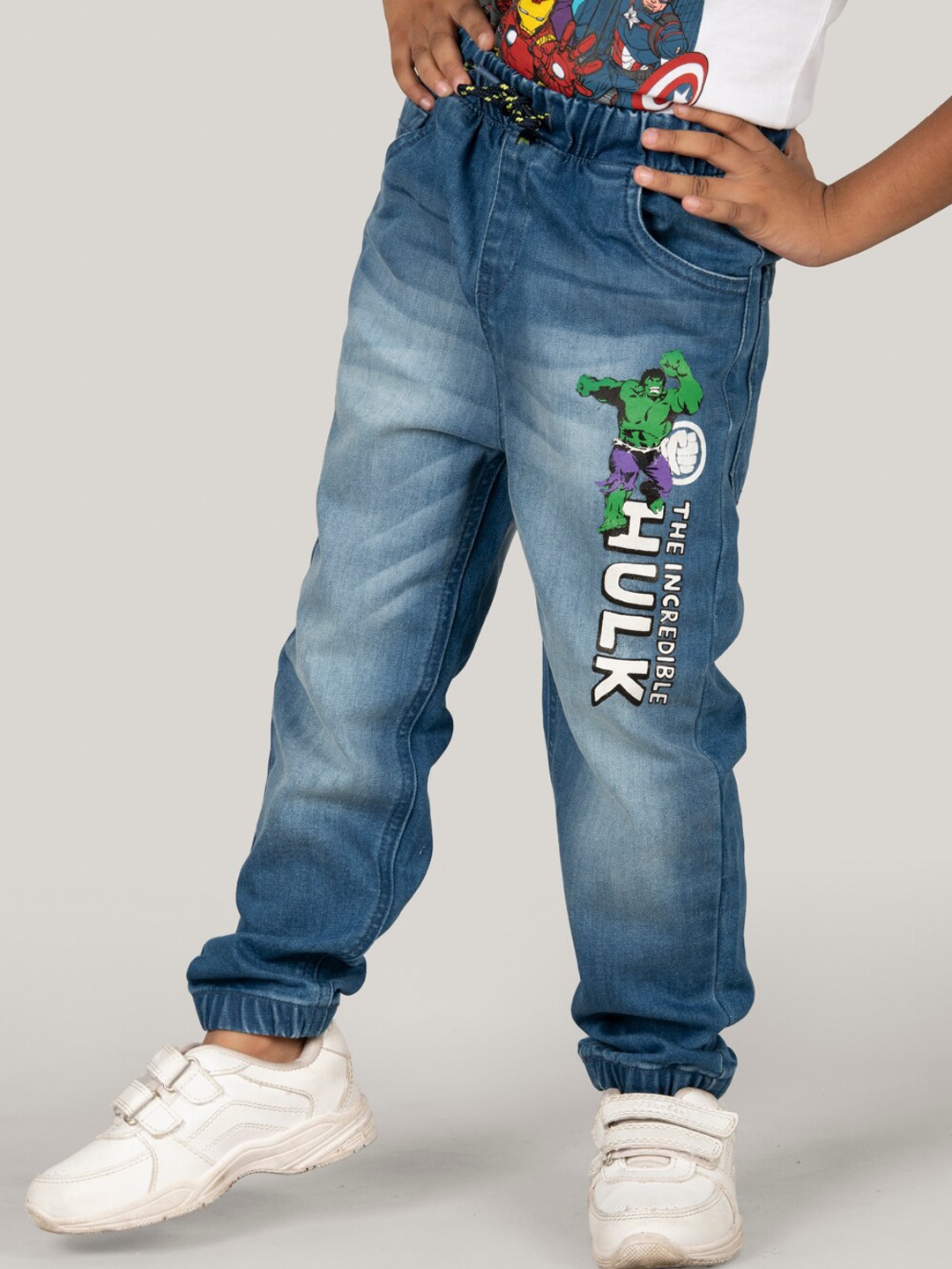 

Zalio Boys Hulk Printed Clean Look Heavy Fade Stretchable Jogger Jeans, Blue