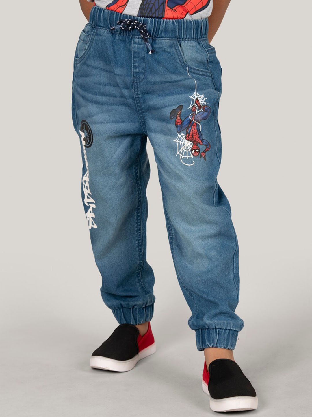 

Zalio Boys Jogger Spider-Man Printed Clean Look Heavy Fade Stretchable Jeans, Blue
