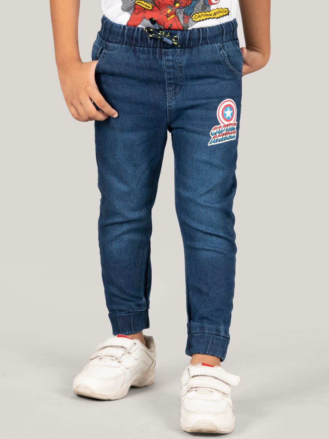 

Zalio Boys Jogger Captain American printed Clean Look Light Fade Stretchable Jeans, Navy blue