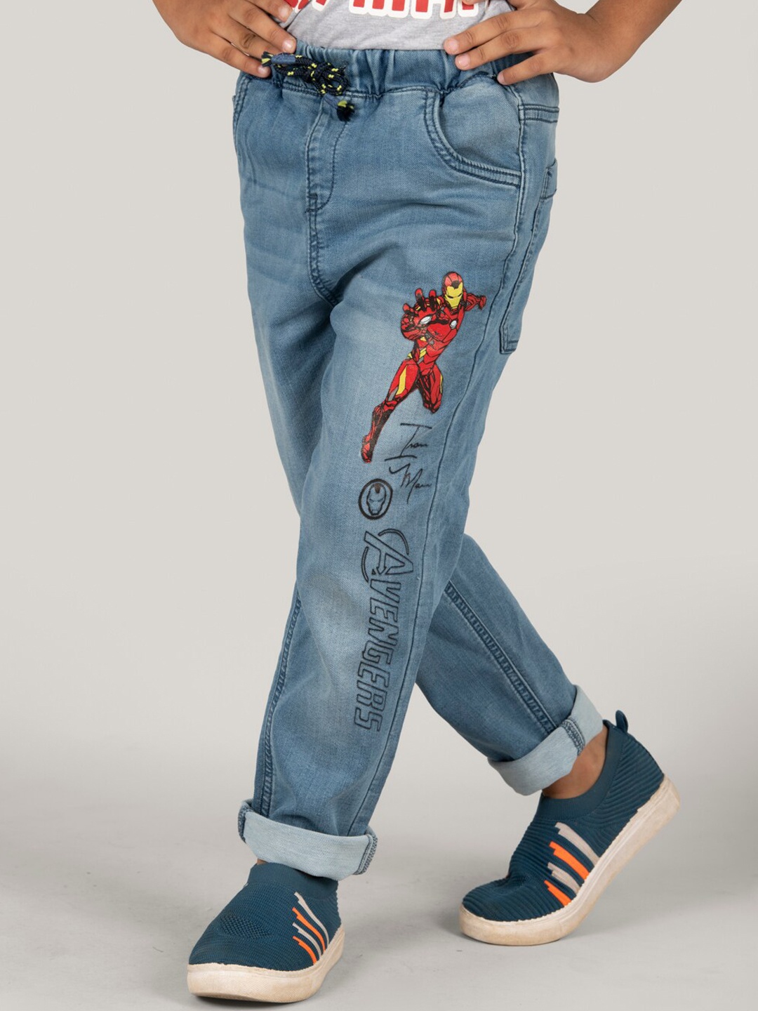 

Zalio Boys Iron Man Printed Relaxed Fit Clean look Light Fade Stretchable Jeans, Blue