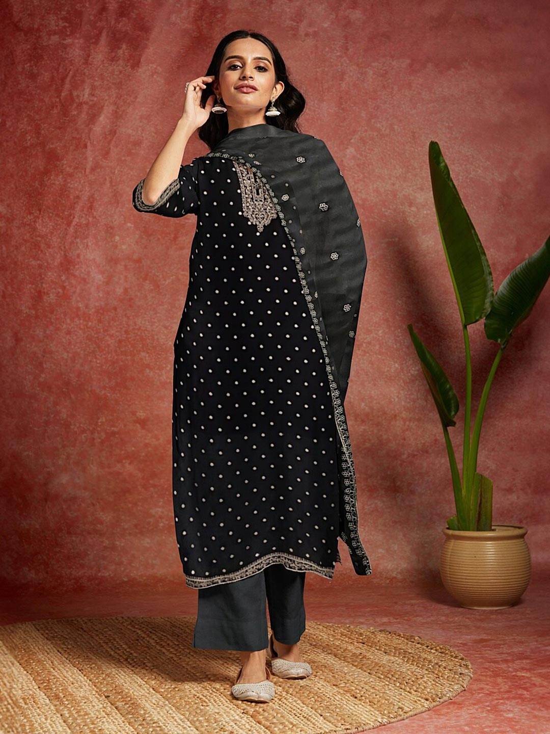 

Libas Polka Dots Printed Organza Unstitched Dress Material, Black