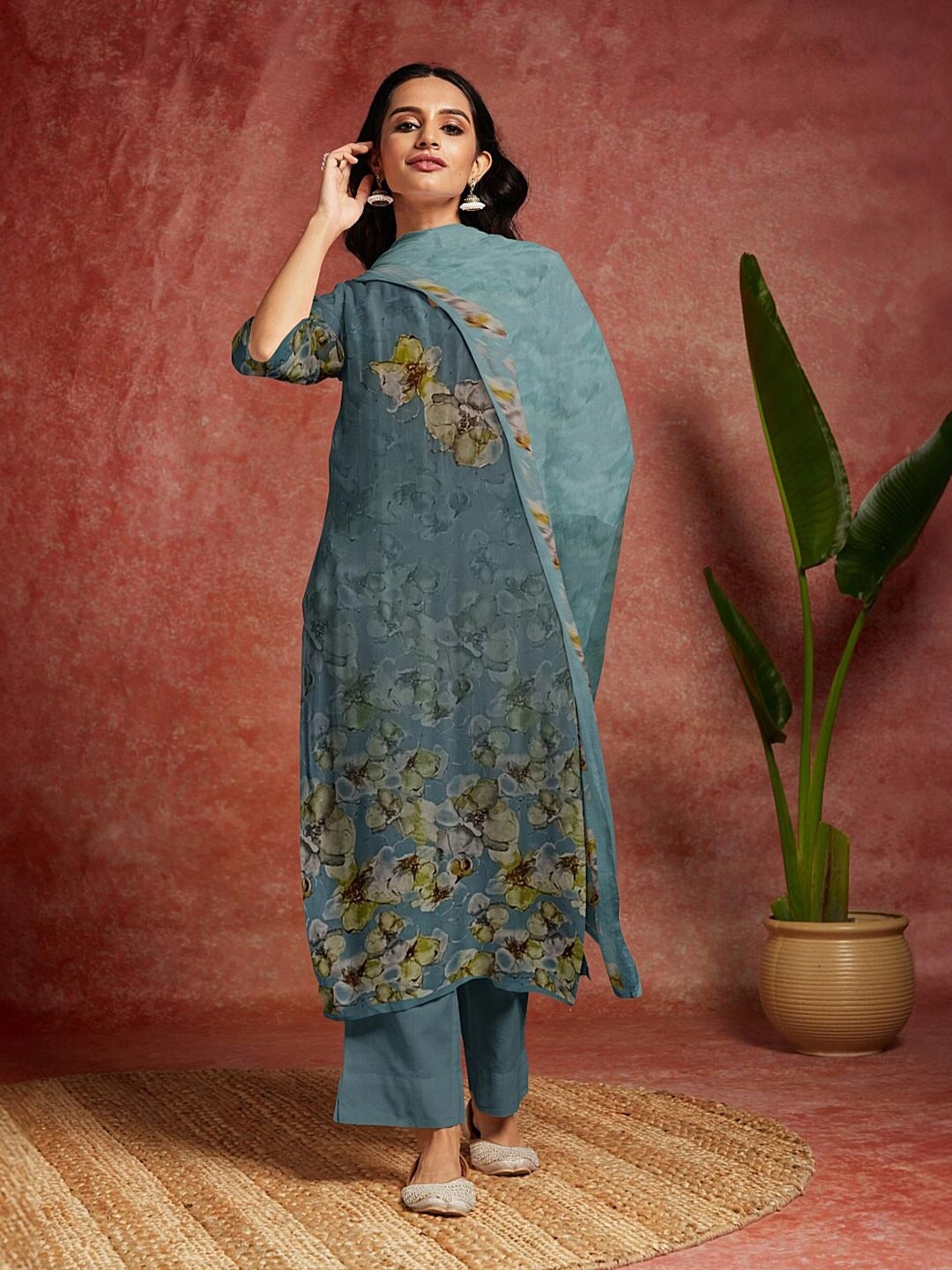 

Libas Floral Printed Unstitched Dress Material, Blue
