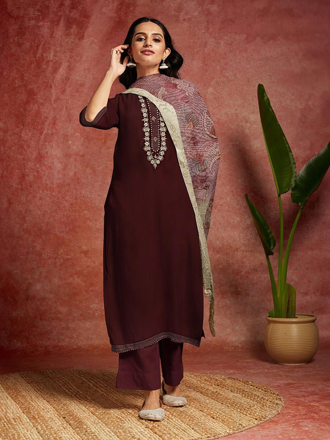 

Libas Floral Embellished Unstitched Dress Material, Maroon
