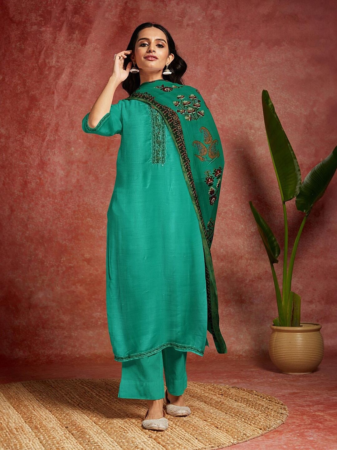 

Libas Ethnic Motifs Printed Sequined Unstitched Dress Material, Green
