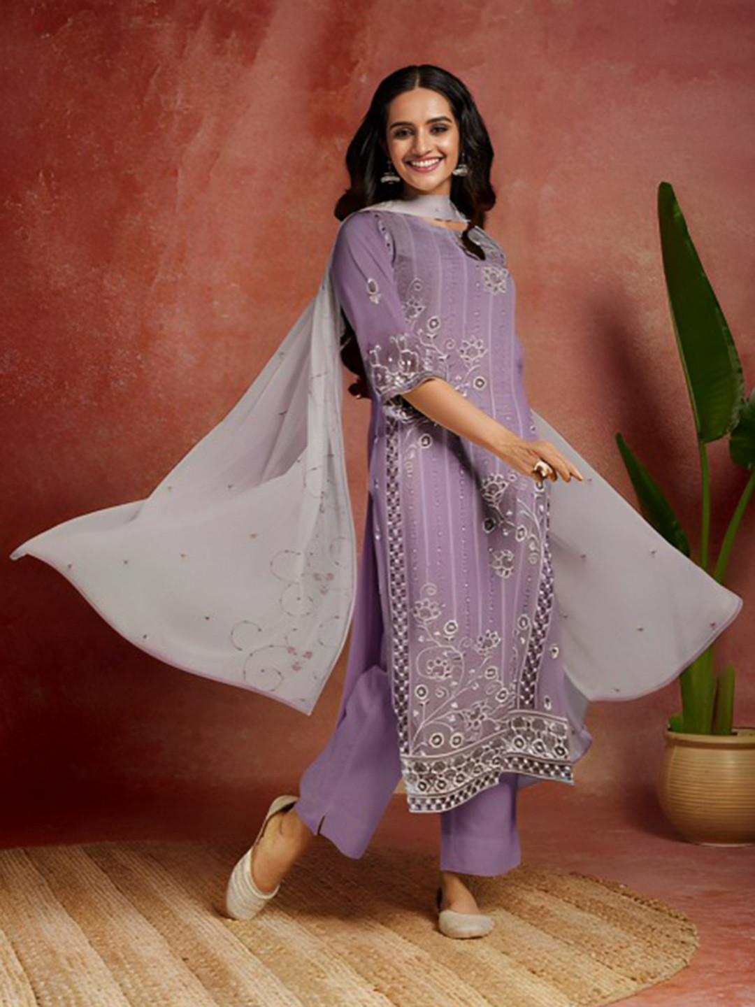 

Libas Purple Floral Embroidered Thread Work Detailed Organza Unstitched Dress Material