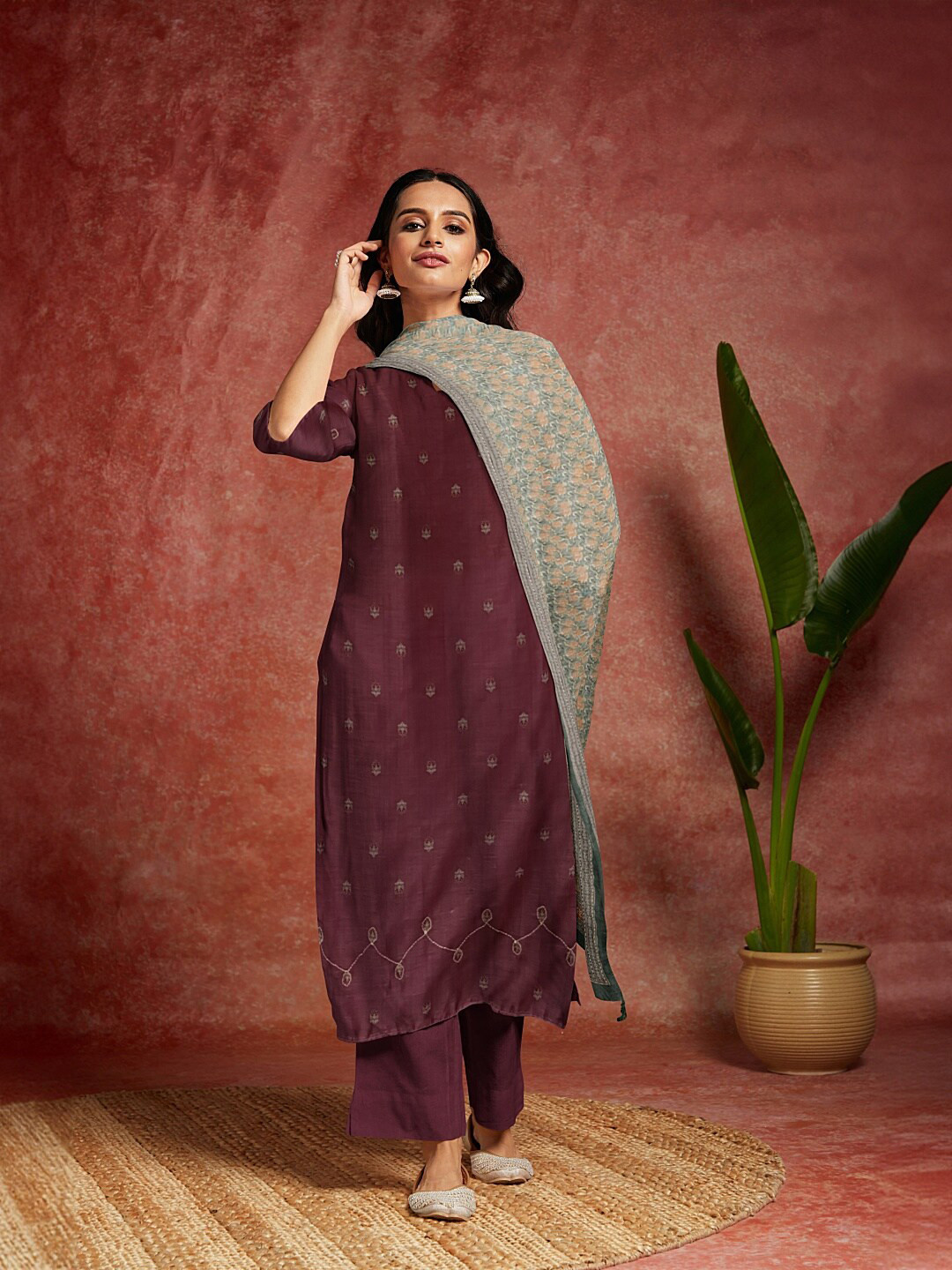 

Libas Burgundy Ethnic Motifs Printed Organza Unstitched Dress Material
