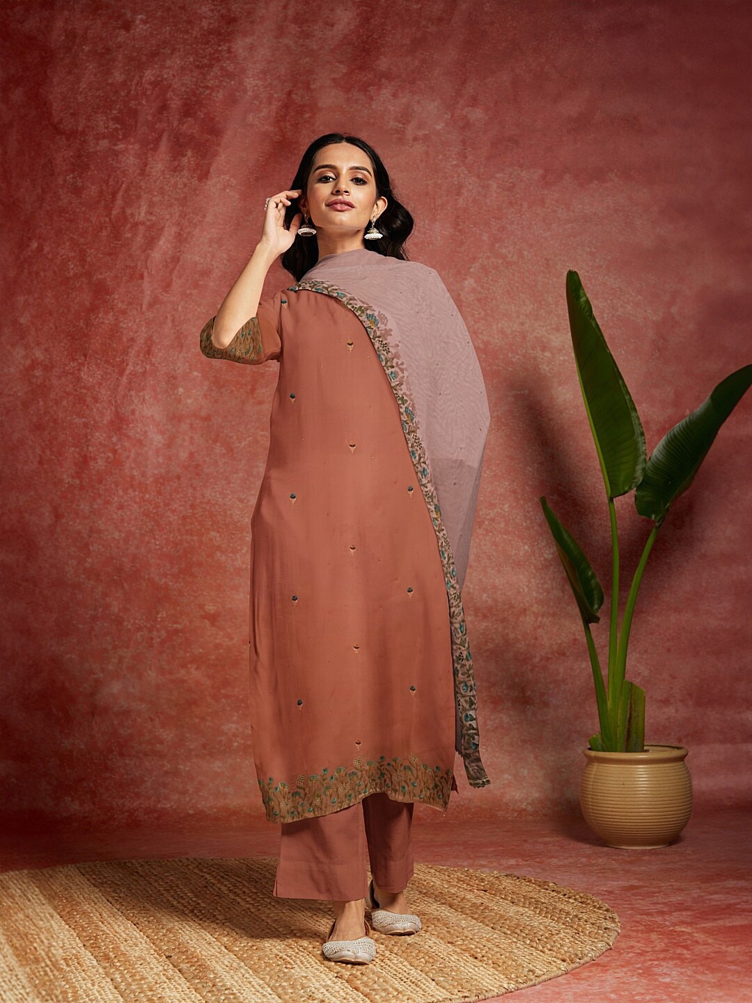 

Libas Floral Embellished Unstitched Dress Material, Peach