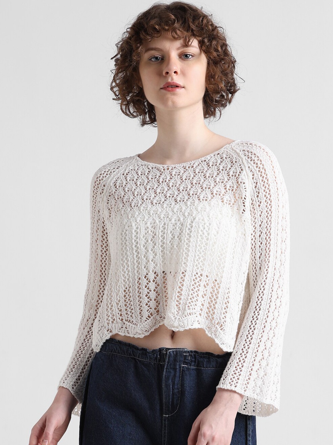 

ONLY ONLNOLA Open Knit Self Design Crop Pullover Sweater, White