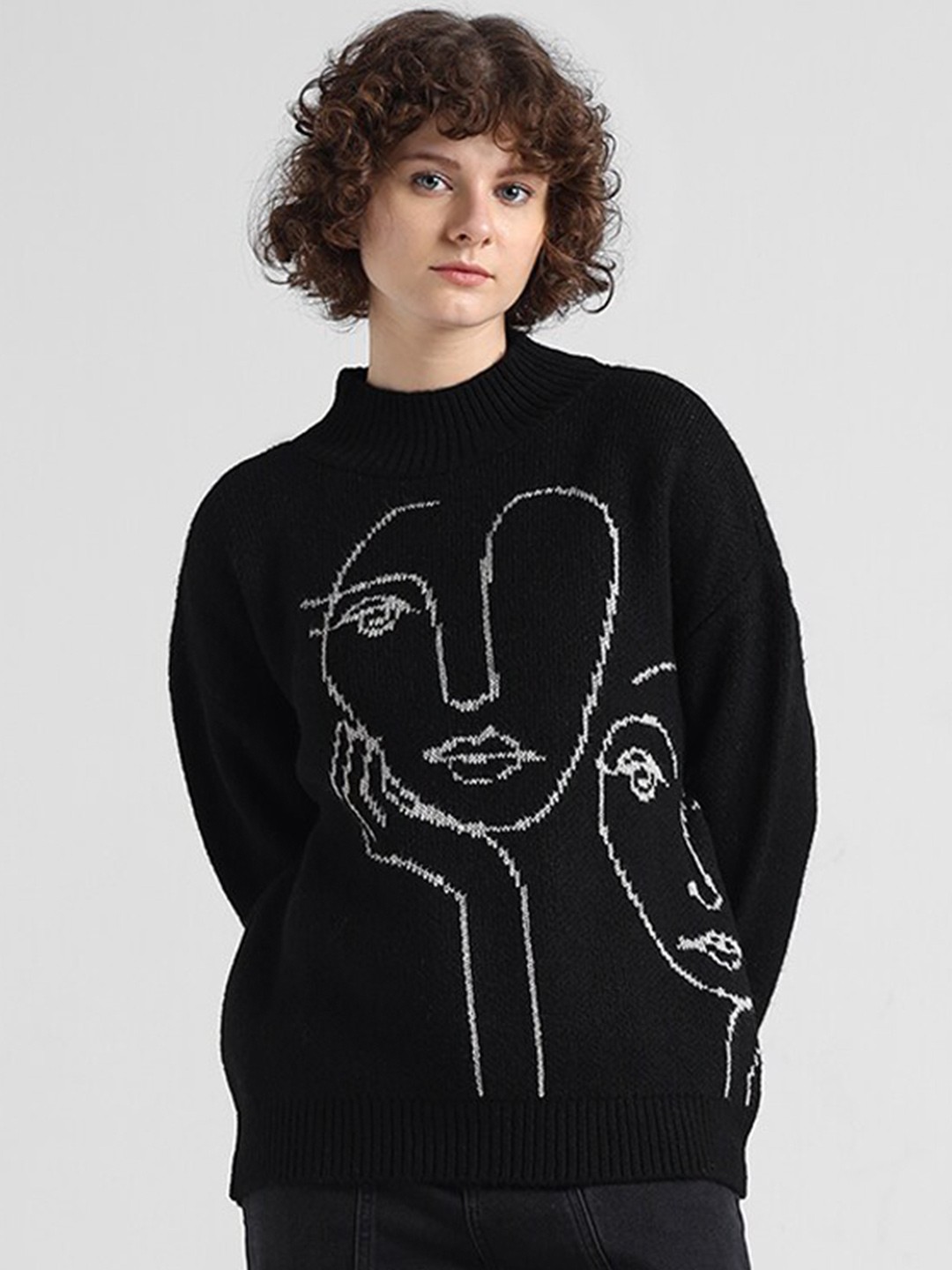 

ONLY ONLVISO Quirky Printed Acrylic Pullover, Black