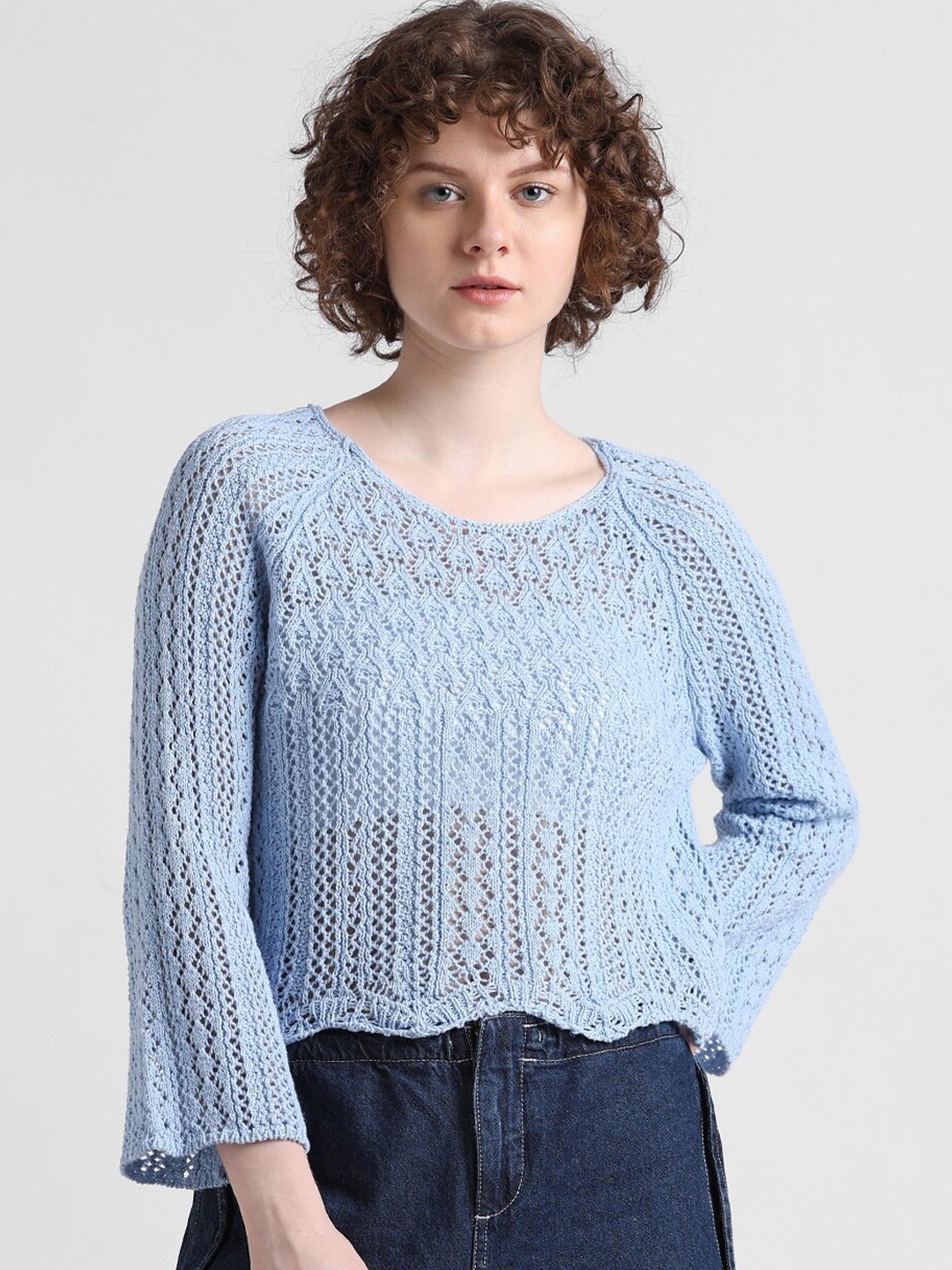 

ONLY ONLNOLA LIFE Self Design Open Knit Cotton Pullover, Blue
